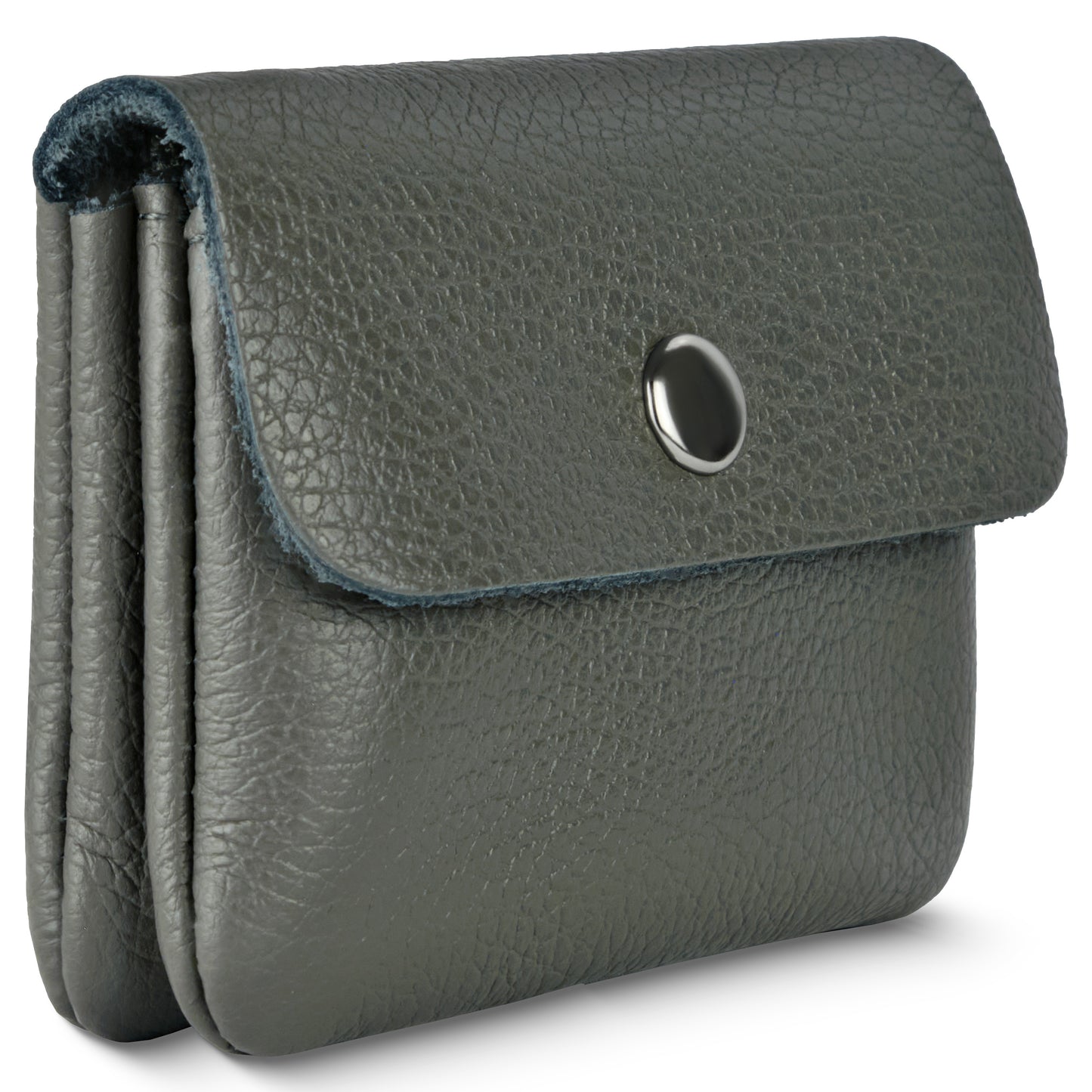 A textured, dark gray Italian leather wallet pouch with a flap closure secured by a round metal snap button. The pouch features a side gusset, providing extra storage while maintaining a sleek, minimal wallet design.