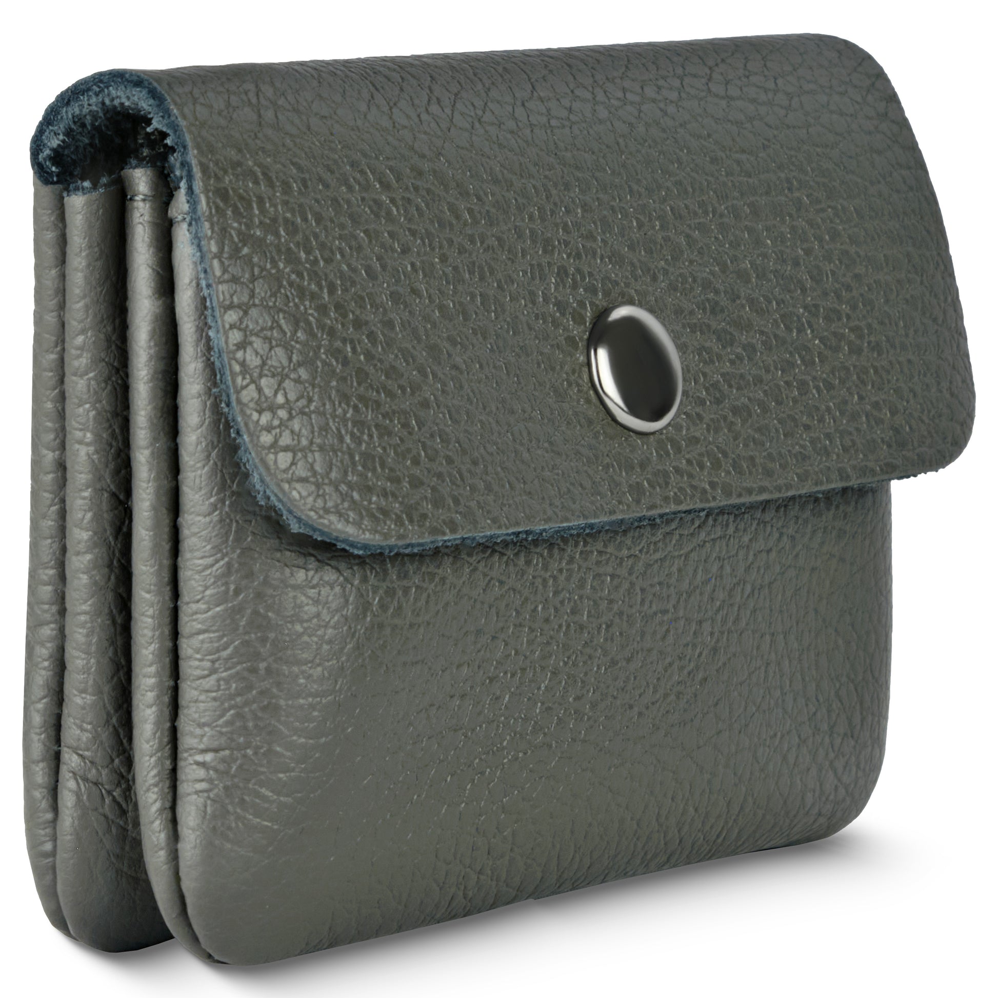 A textured, dark gray Italian leather wallet pouch with a flap closure secured by a round metal snap button. The pouch features a side gusset, providing extra storage while maintaining a sleek, minimal wallet design.