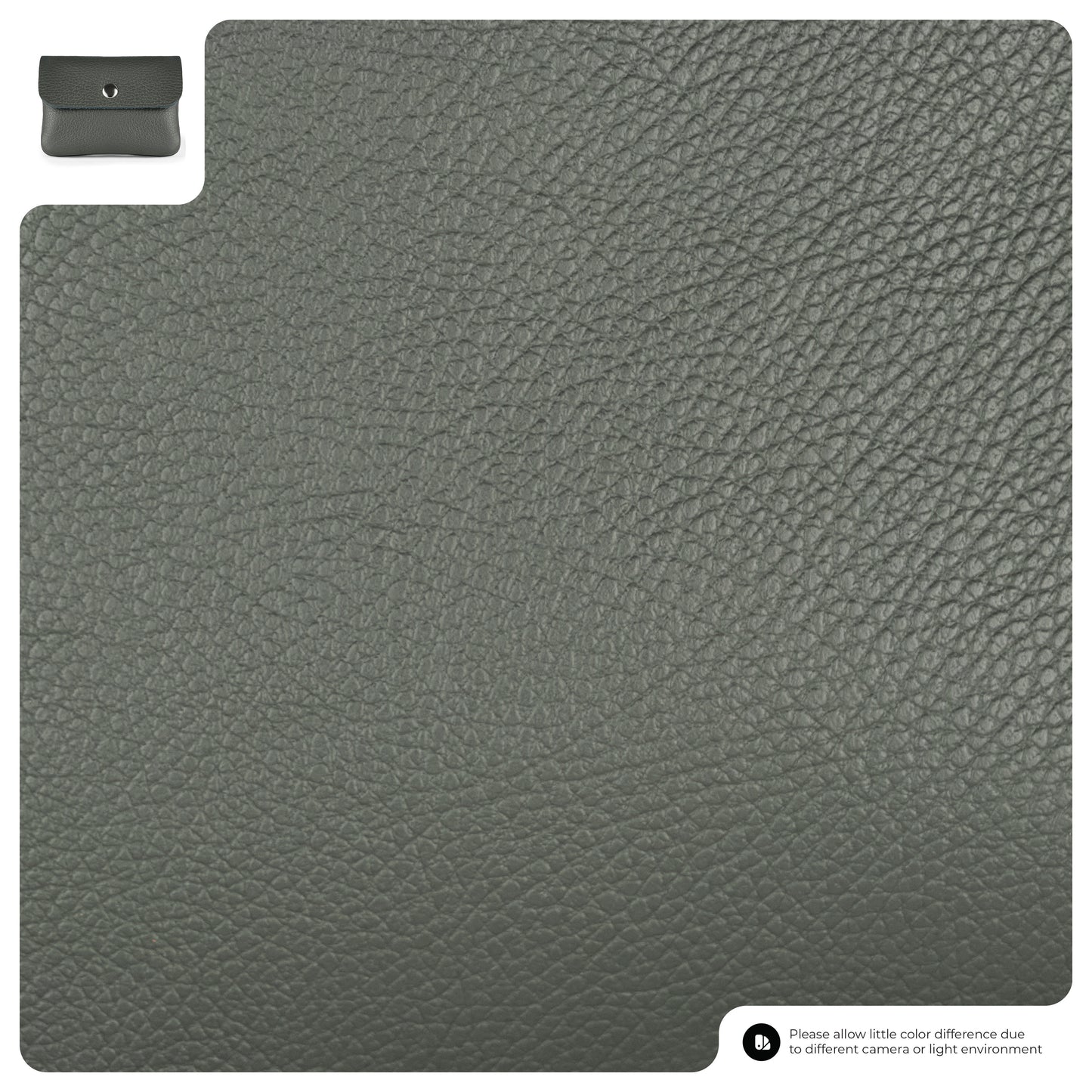 Close-up view of a textured gray leather surface. In the top left corner, there is a small image of a handmade wallet. A note at the bottom cautions about potential color differences due to lighting or camera settings.