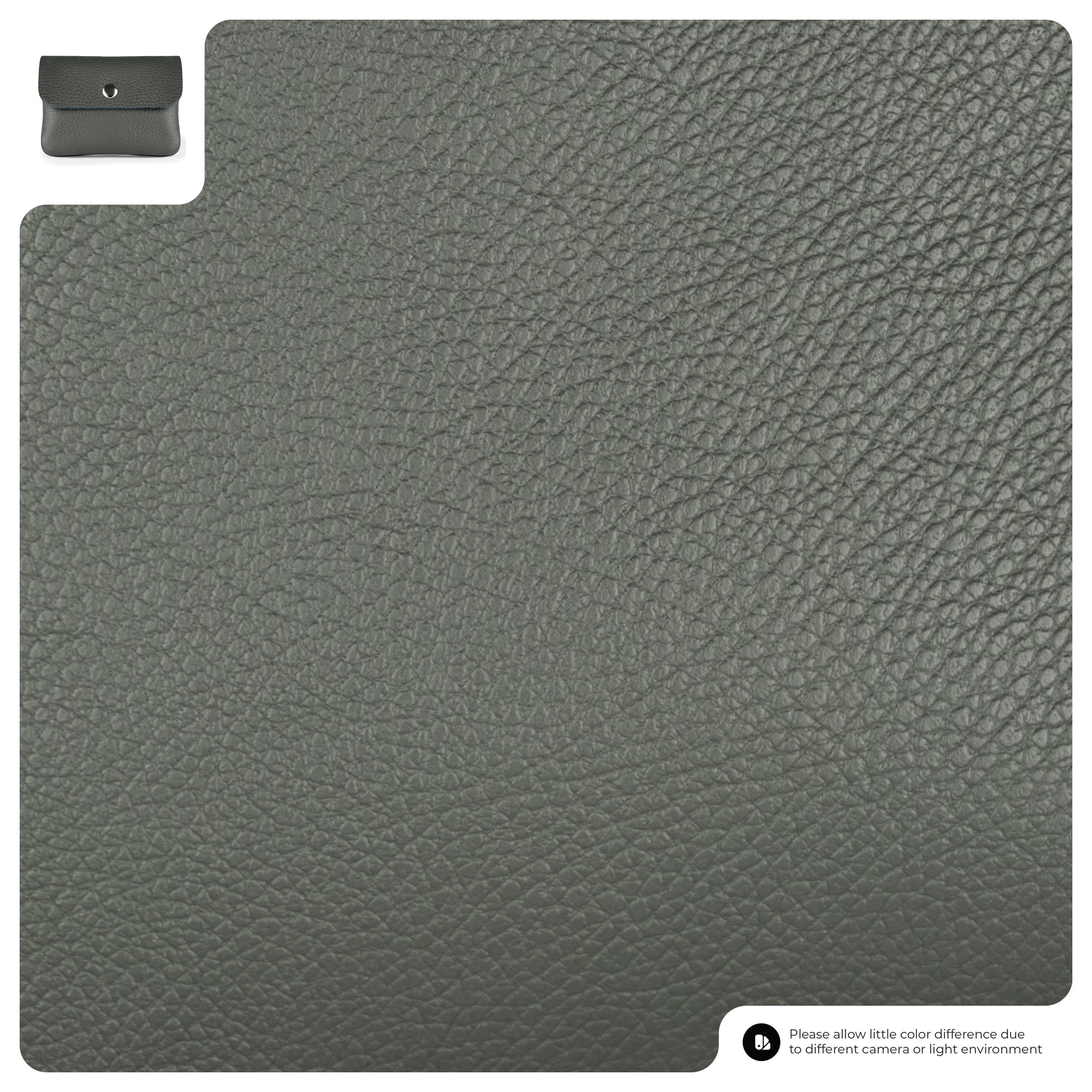 Close-up view of a textured gray leather surface. In the top left corner, there is a small image of a handmade wallet. A note at the bottom cautions about potential color differences due to lighting or camera settings.