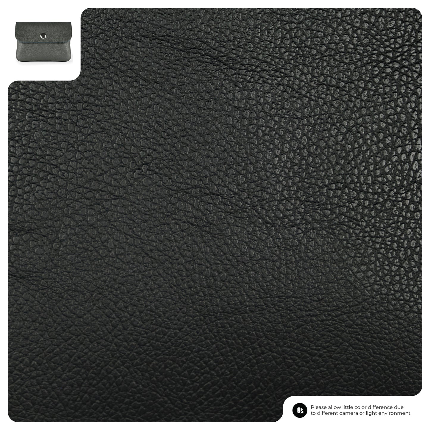Close-up of black textured Italian leather wallet material with a small image of a gray leather pouch in the top left corner. A note at the bottom right mentions possible color differences due to lighting or camera.