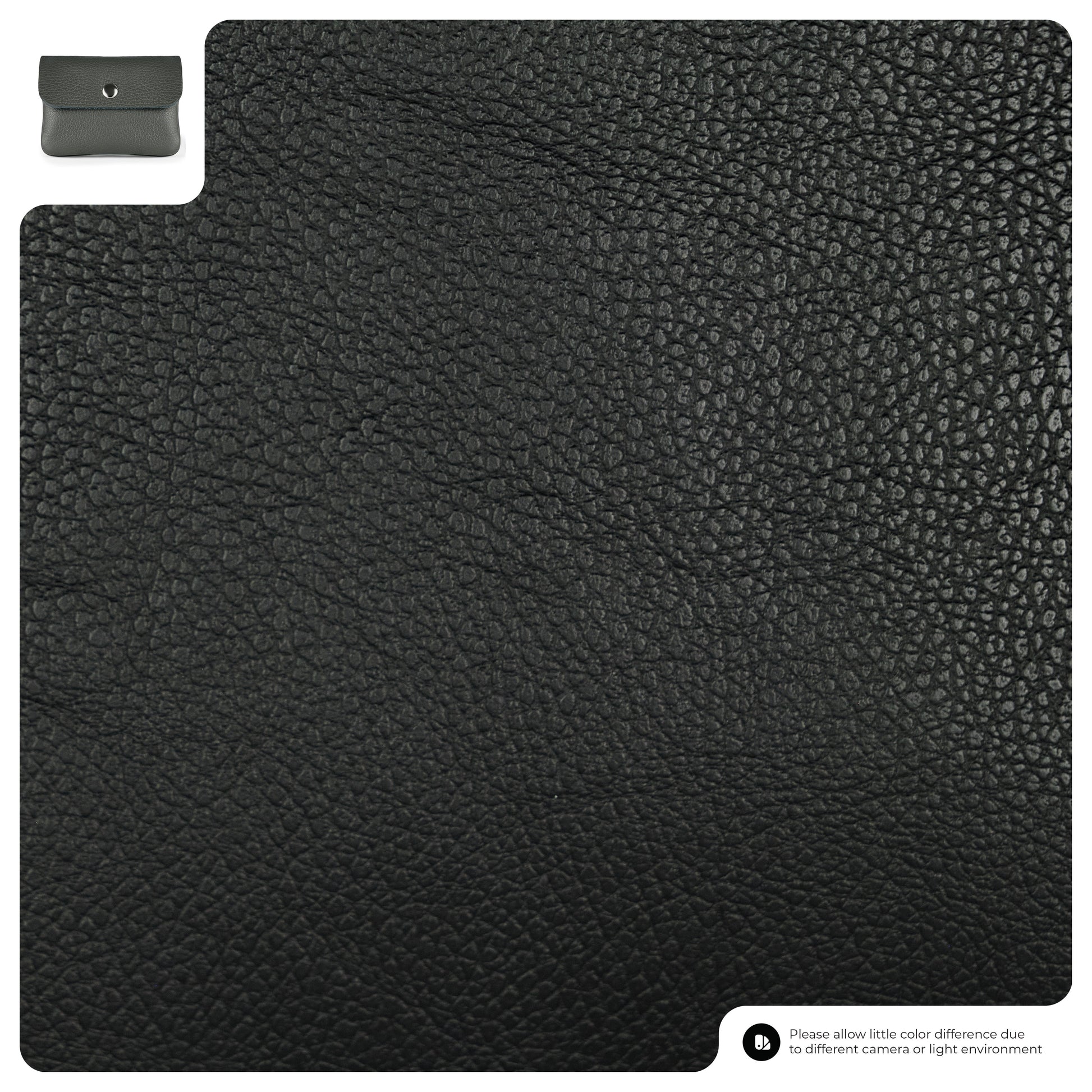 Close-up of black textured Italian leather wallet material with a small image of a gray leather pouch in the top left corner. A note at the bottom right mentions possible color differences due to lighting or camera.