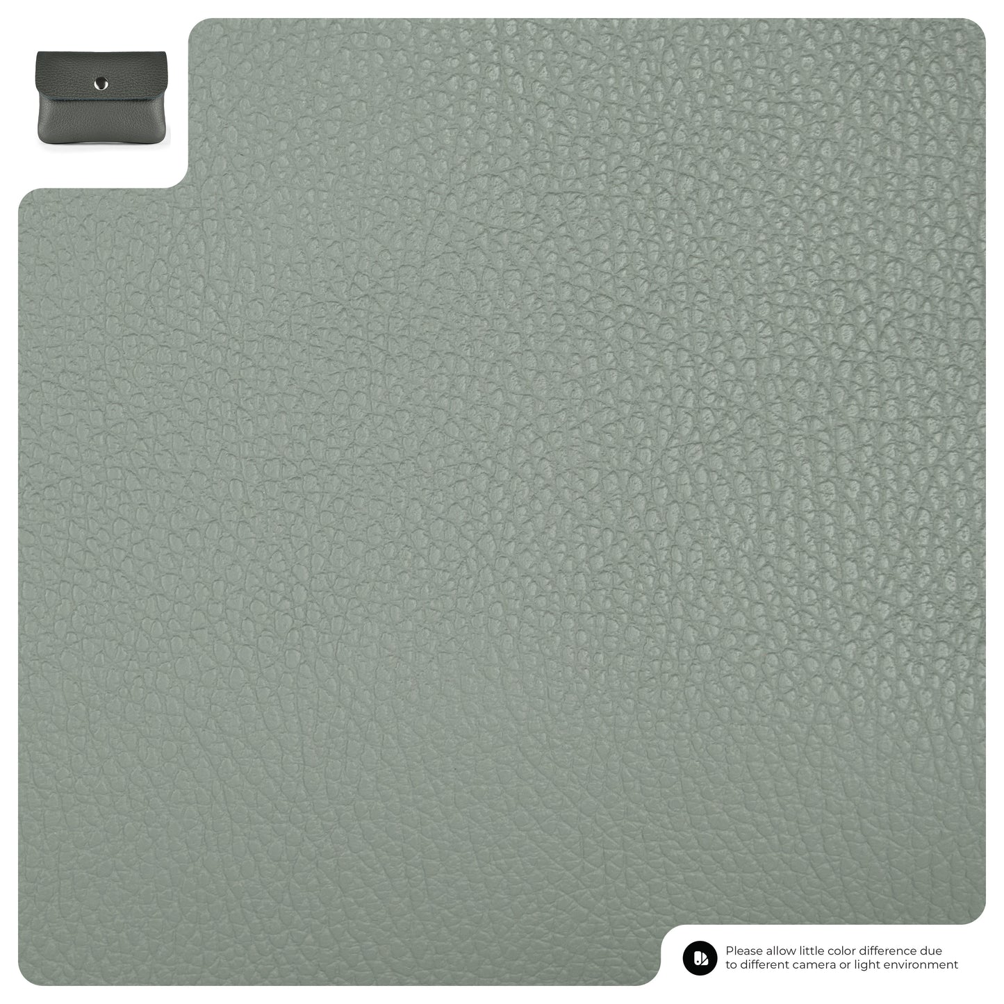 A close-up view of textured grey leather, with a small inset image of a minimal wallet in the top left corner. Text at the bottom notes slight color variation due to lighting or camera differences.