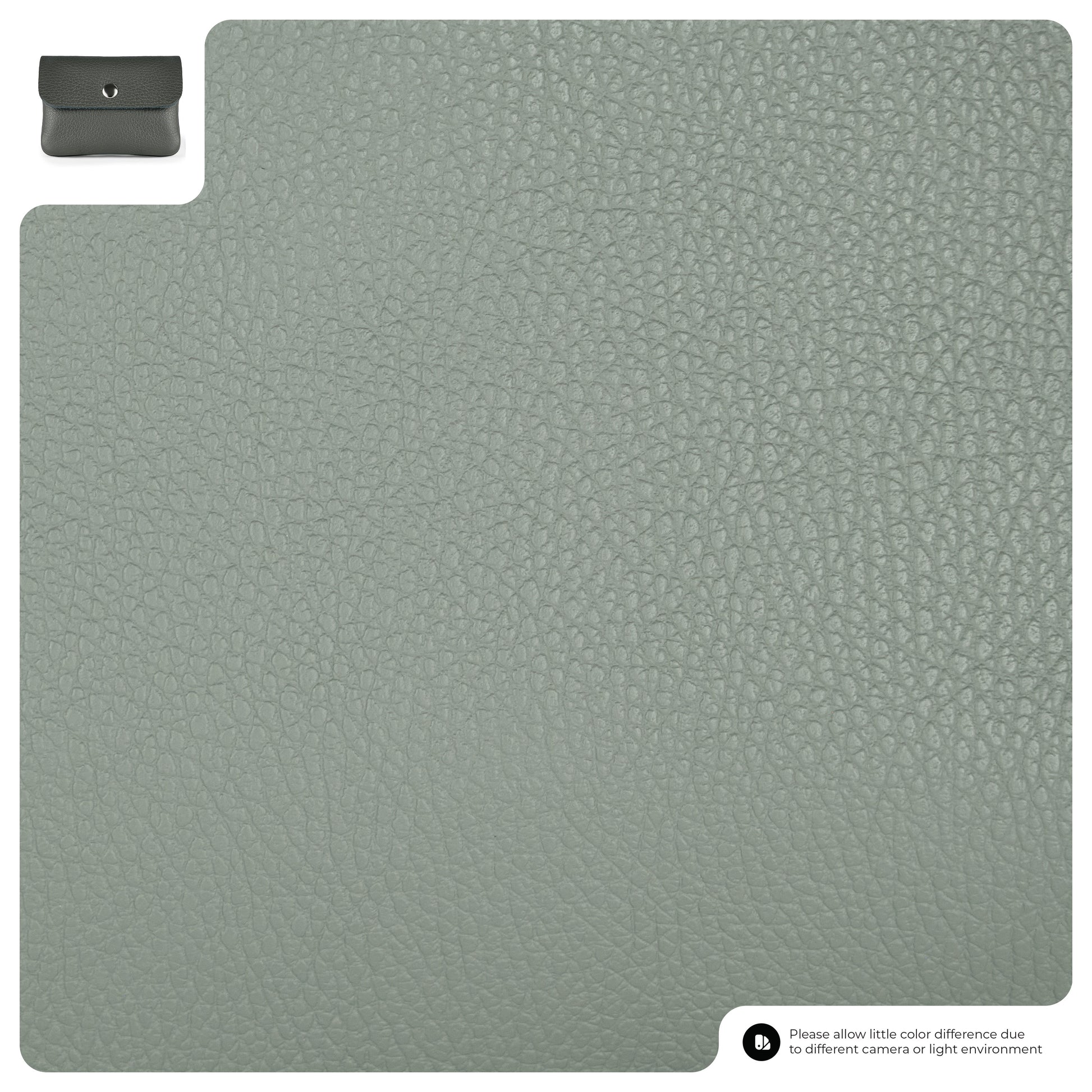 A close-up view of textured grey leather, with a small inset image of a minimal wallet in the top left corner. Text at the bottom notes slight color variation due to lighting or camera differences.