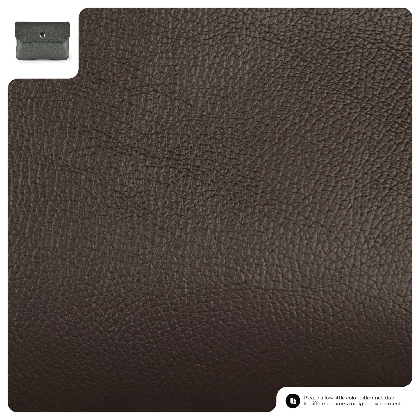 A close-up of dark brown textured Italian leather wallet with a small inset image of a gray handbag in the upper left corner. There’s a note at the bottom stating color may vary due to lighting or camera differences.