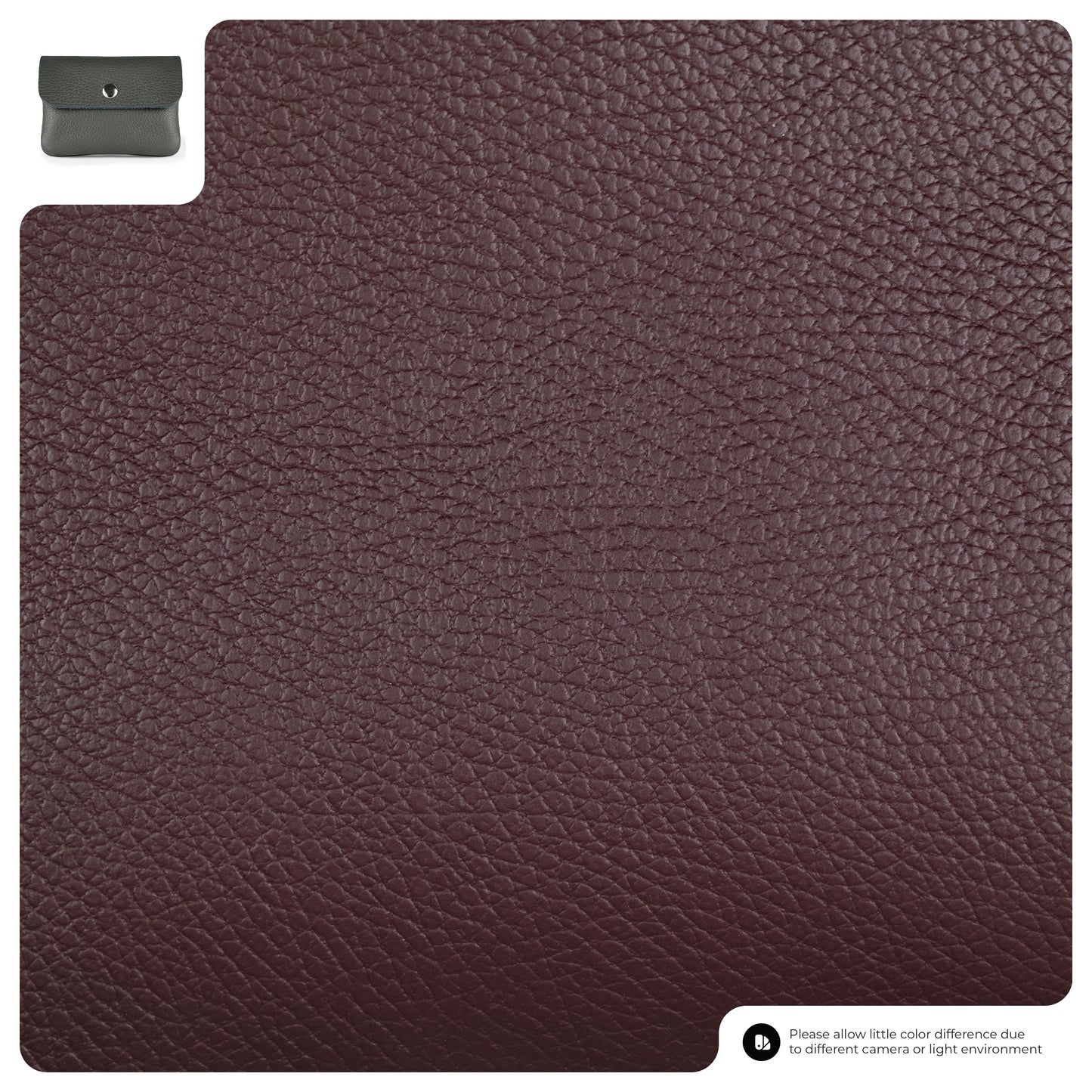 Close-up of textured burgundy leather material with a small inset image of a gray Italian leather wallet in the top left corner. Text at the bottom notes possible color differences due to lighting or camera settings.