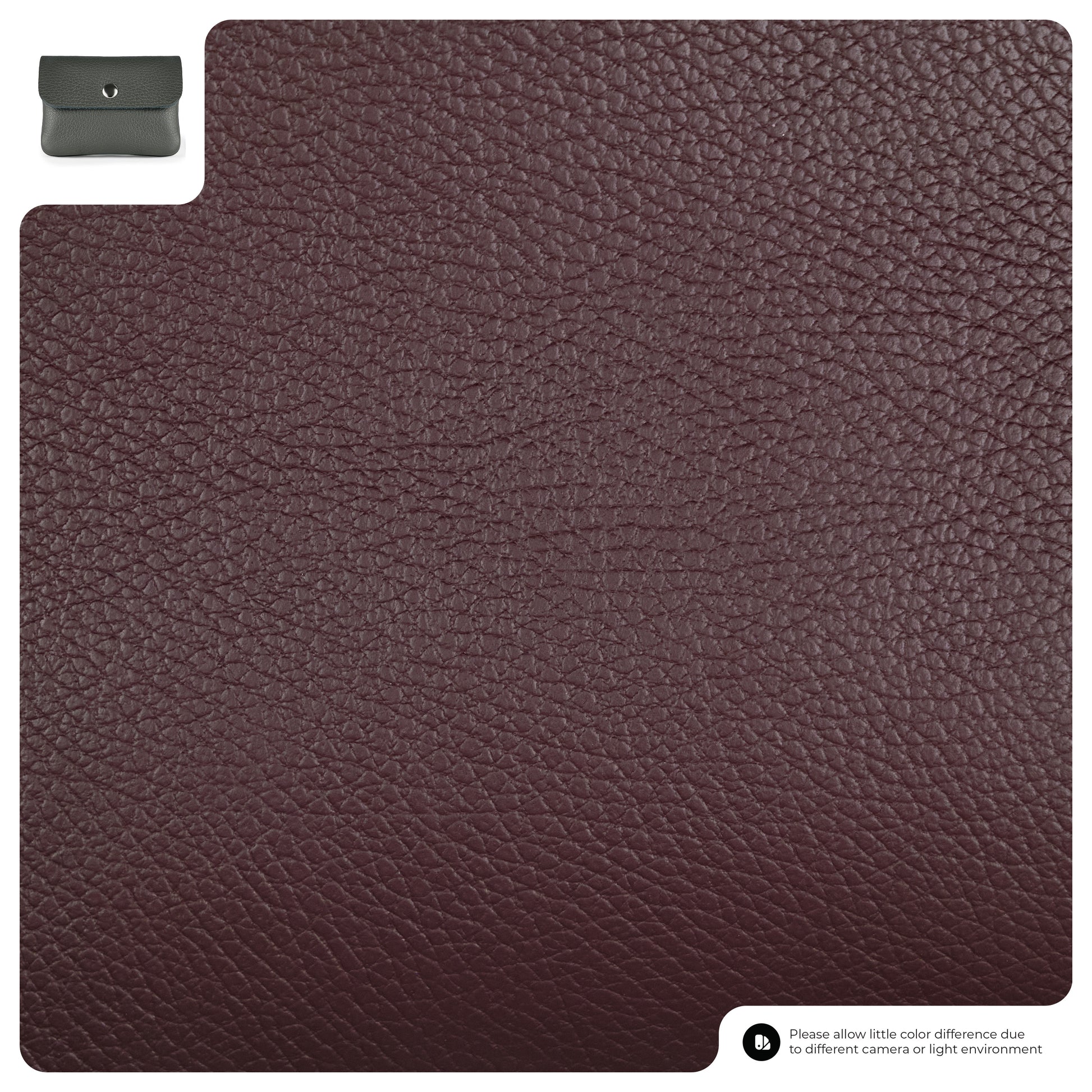 Close-up of textured burgundy leather material with a small inset image of a gray Italian leather wallet in the top left corner. Text at the bottom notes possible color differences due to lighting or camera settings.