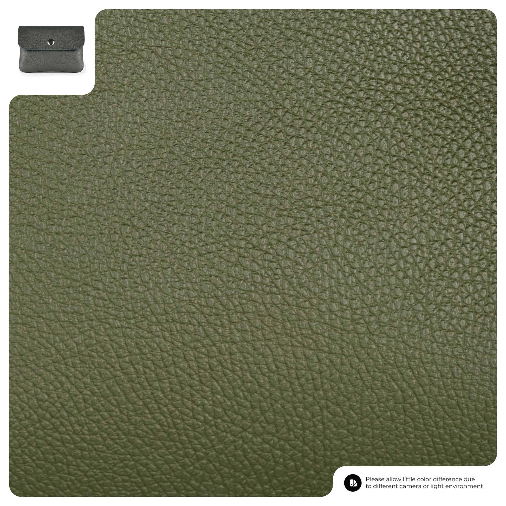 Close-up of textured olive green Italian leather wallet material, with a small inset image of a matching green pouch in the top left corner. A note in the bottom right mentions possible color differences due to camera or lighting.
