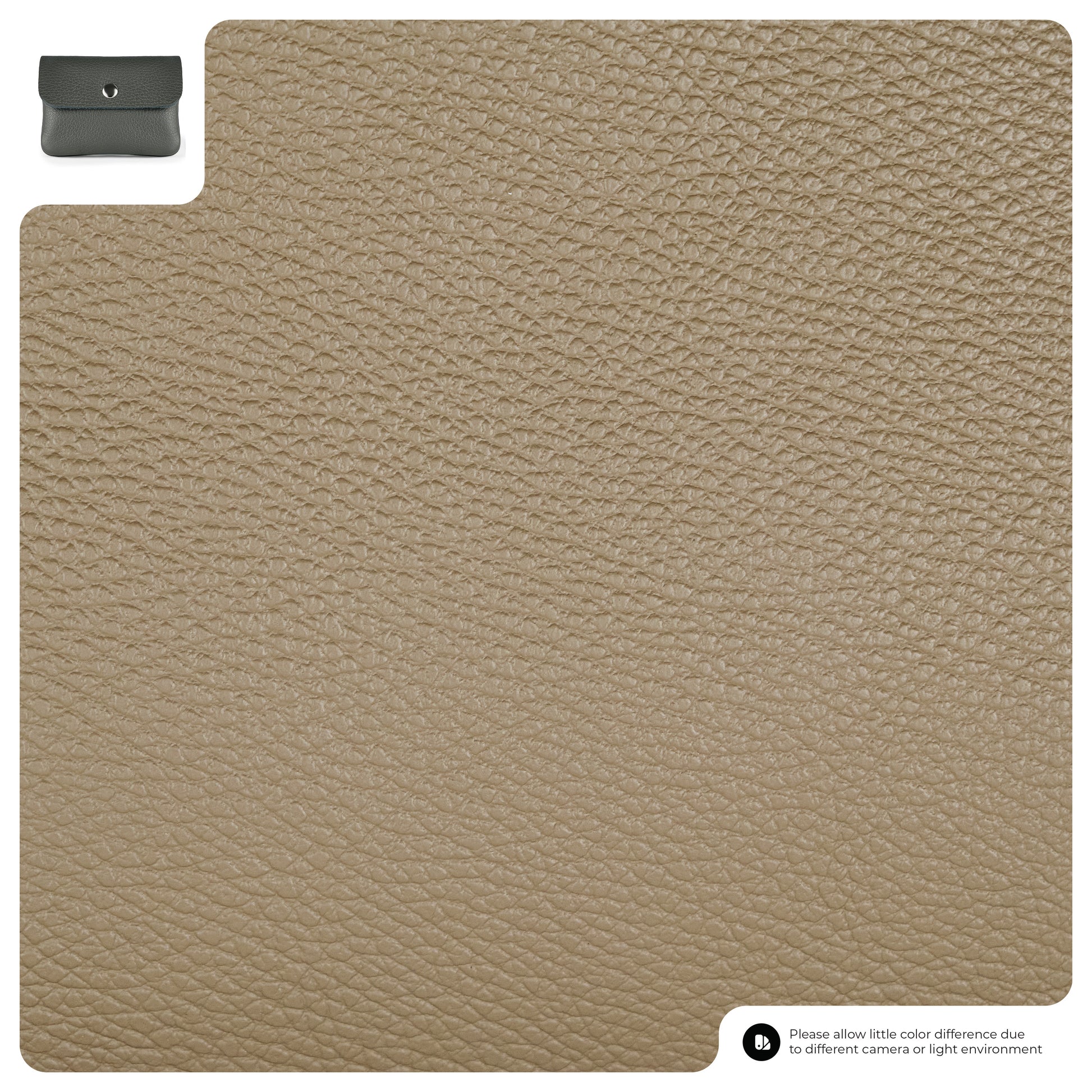 Close-up of textured taupe leather with a small inset image of a dark gray handmade wallet in the upper left corner. A note in the bottom right mentions possible color differences due to lighting or camera settings.