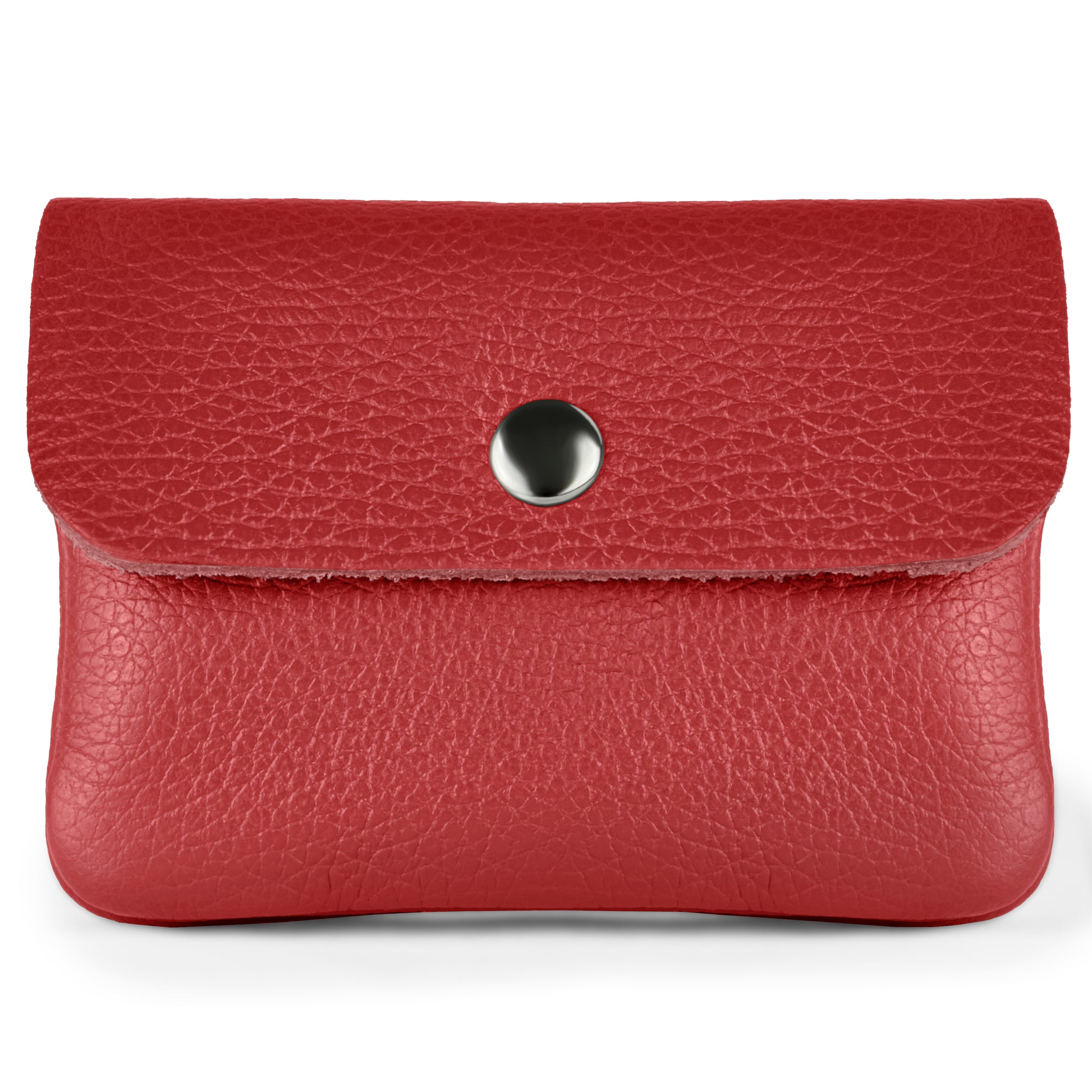 A small red handmade leather wallet with a flap closure and round silver button, displayed on a white background.