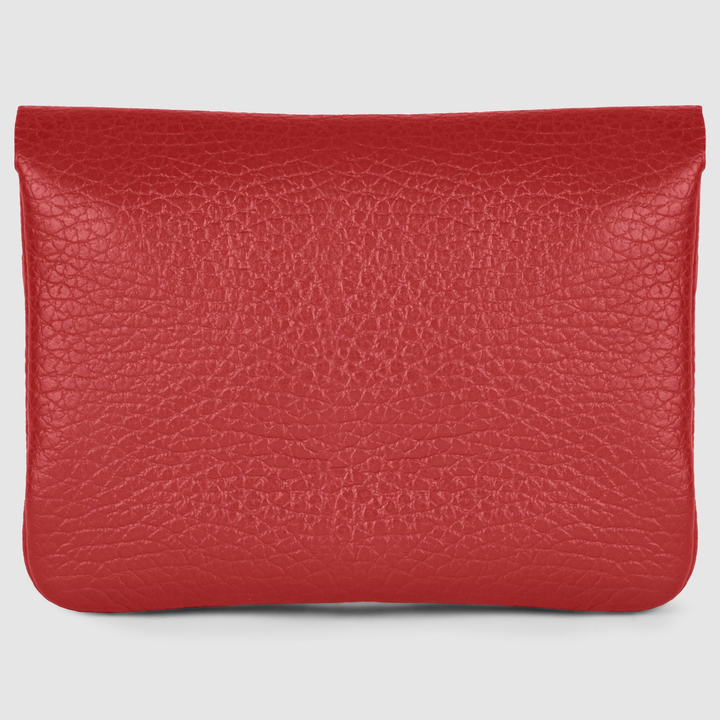 A rectangular red handmade calf leather wallet with a textured surface and a flap closure, shown against a plain light background.