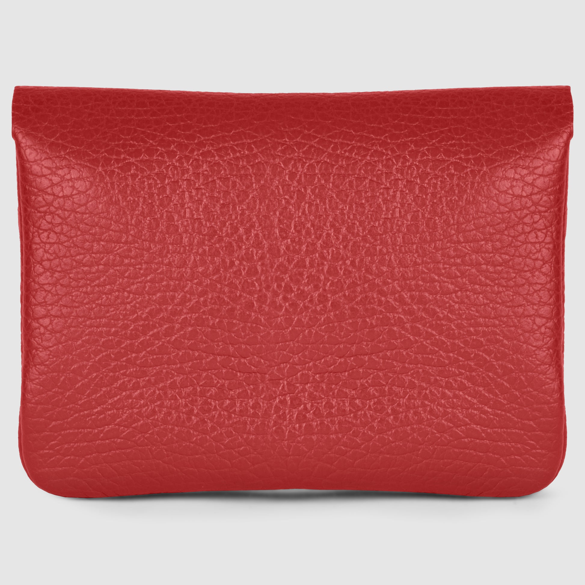 A rectangular red handmade calf leather wallet with a textured surface and a flap closure, shown against a plain light background.