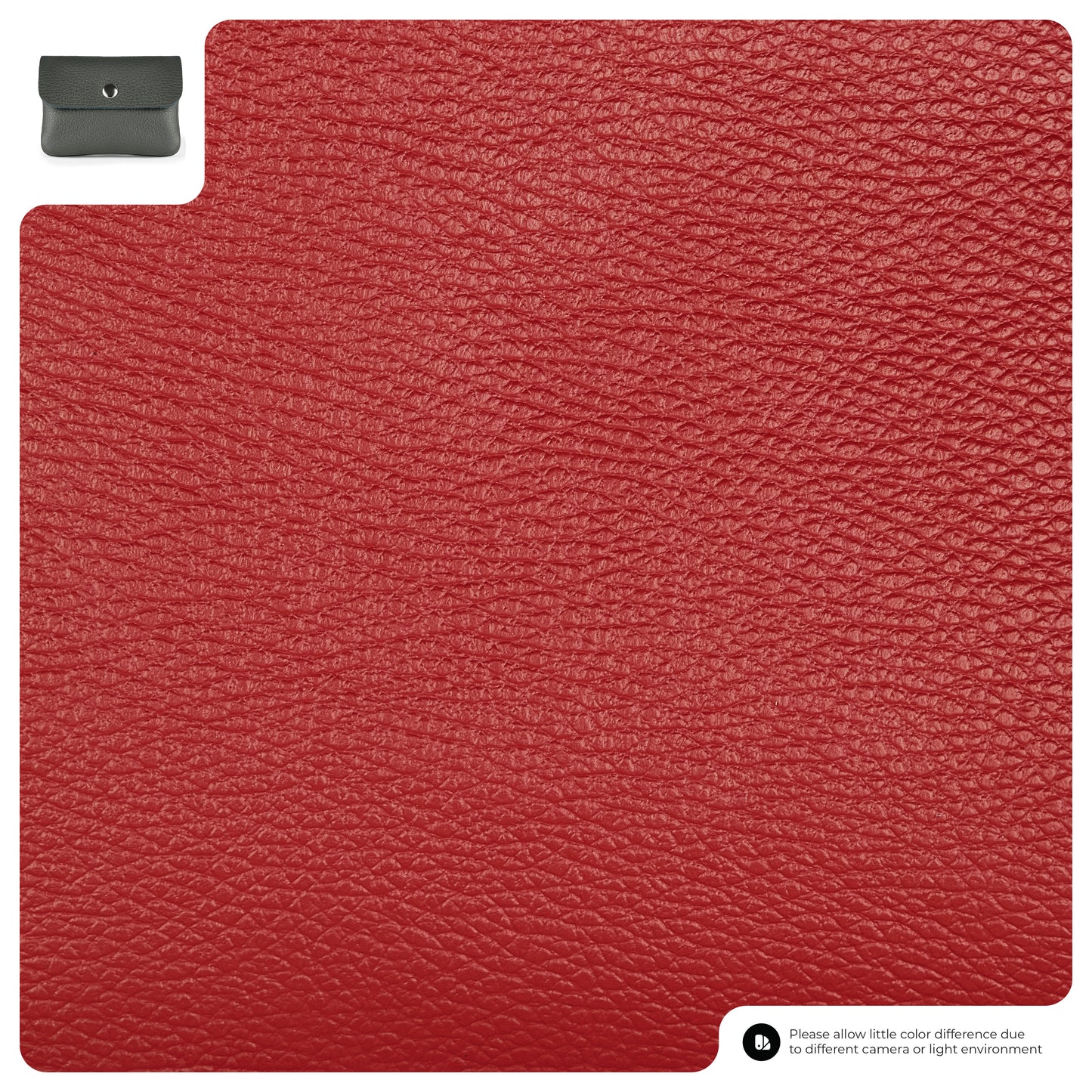 A close-up of red textured leather with a pebbled grain pattern. In the top left corner, a small image shows a gray handmade wallet pouch. A note about color differences appears in the bottom right corner.