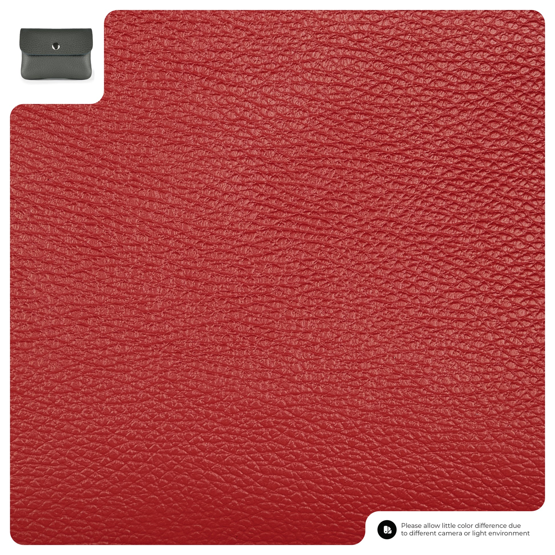 A close-up of red textured leather with a pebbled grain pattern. In the top left corner, a small image shows a gray handmade wallet pouch. A note about color differences appears in the bottom right corner.
