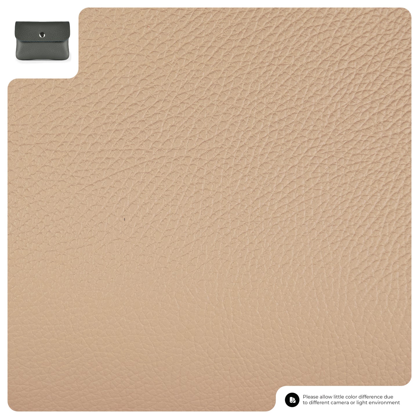 A close-up of textured beige leather material fills most of the image. In the top left corner, a small preview of a gray Italian leather wallet is shown. Text at the bottom mentions possible color variation.