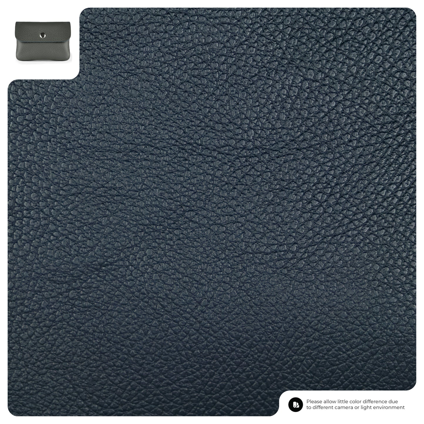 A close-up of textured dark gray leather material with a minimal wallet in the top left corner and a note about color differences in the bottom right corner.