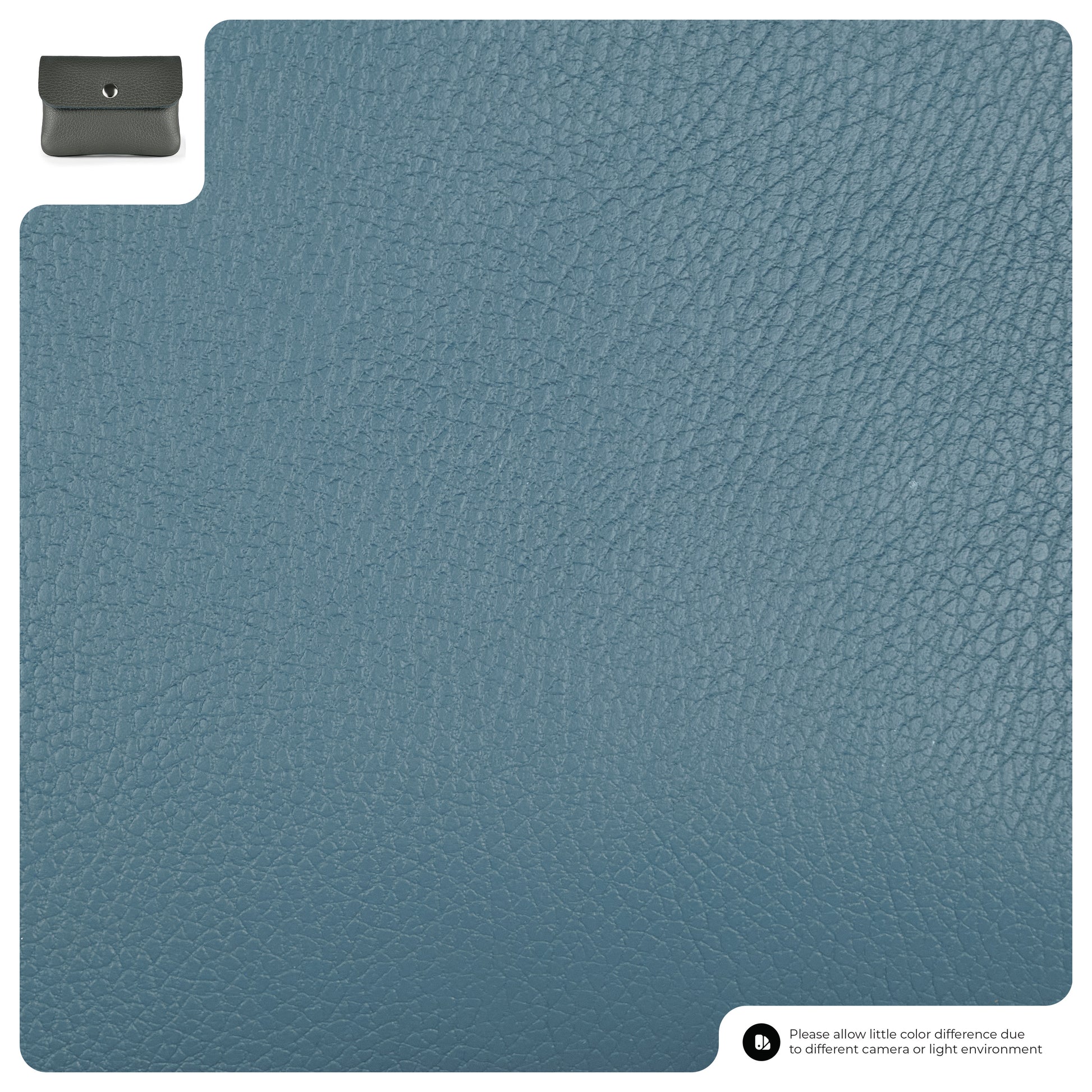 Close-up of textured blue leather material with a small inset image of a gray handmade wallet in the top left corner. A note about possible color variations is in the bottom right corner.