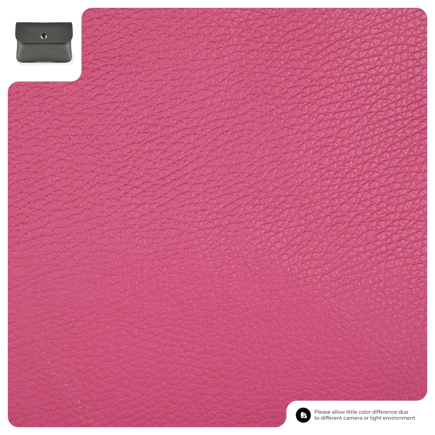 A close-up of textured pink leather with a small gray handmade wallet in the upper left corner for reference. Text at the bottom notes possible color differences due to lighting or camera.