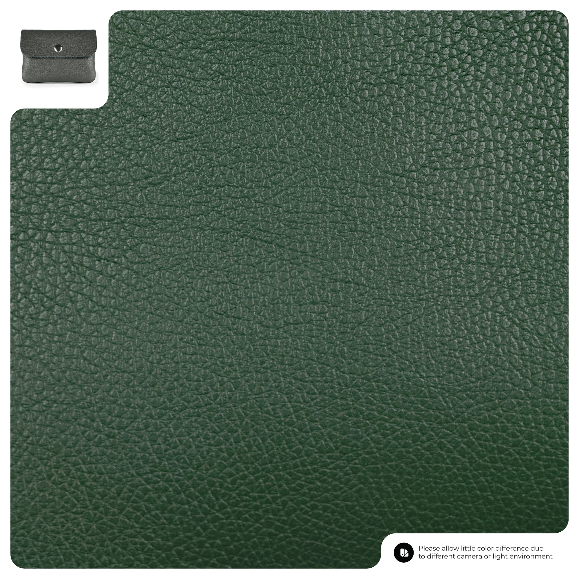 A close-up of dark green, textured leather material featuring a small image of a minimal handmade wallet in the top left corner and a note about color differences in the bottom right corner.