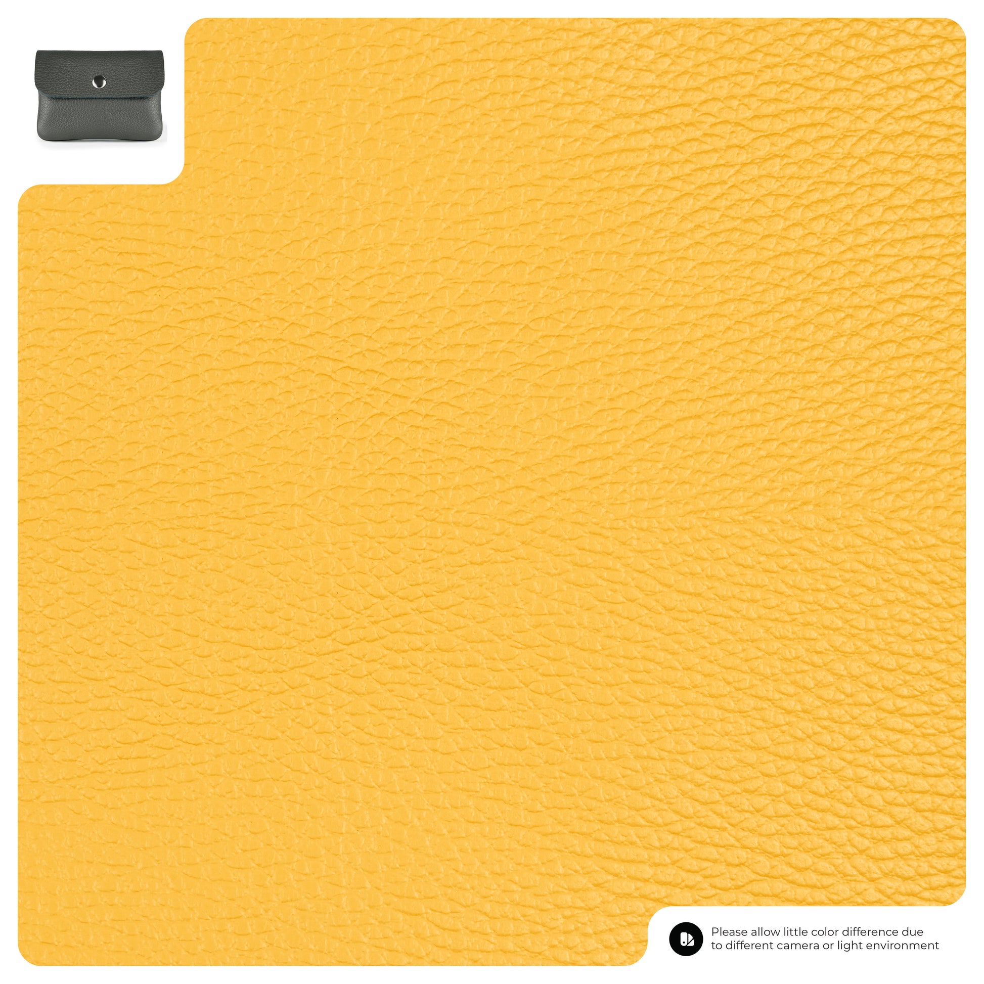 A large swatch of textured yellow Italian leather with a small inset image of a dark gray handmade wallet in the top left corner. A note at the bottom right mentions possible color differences due to lighting or camera.
