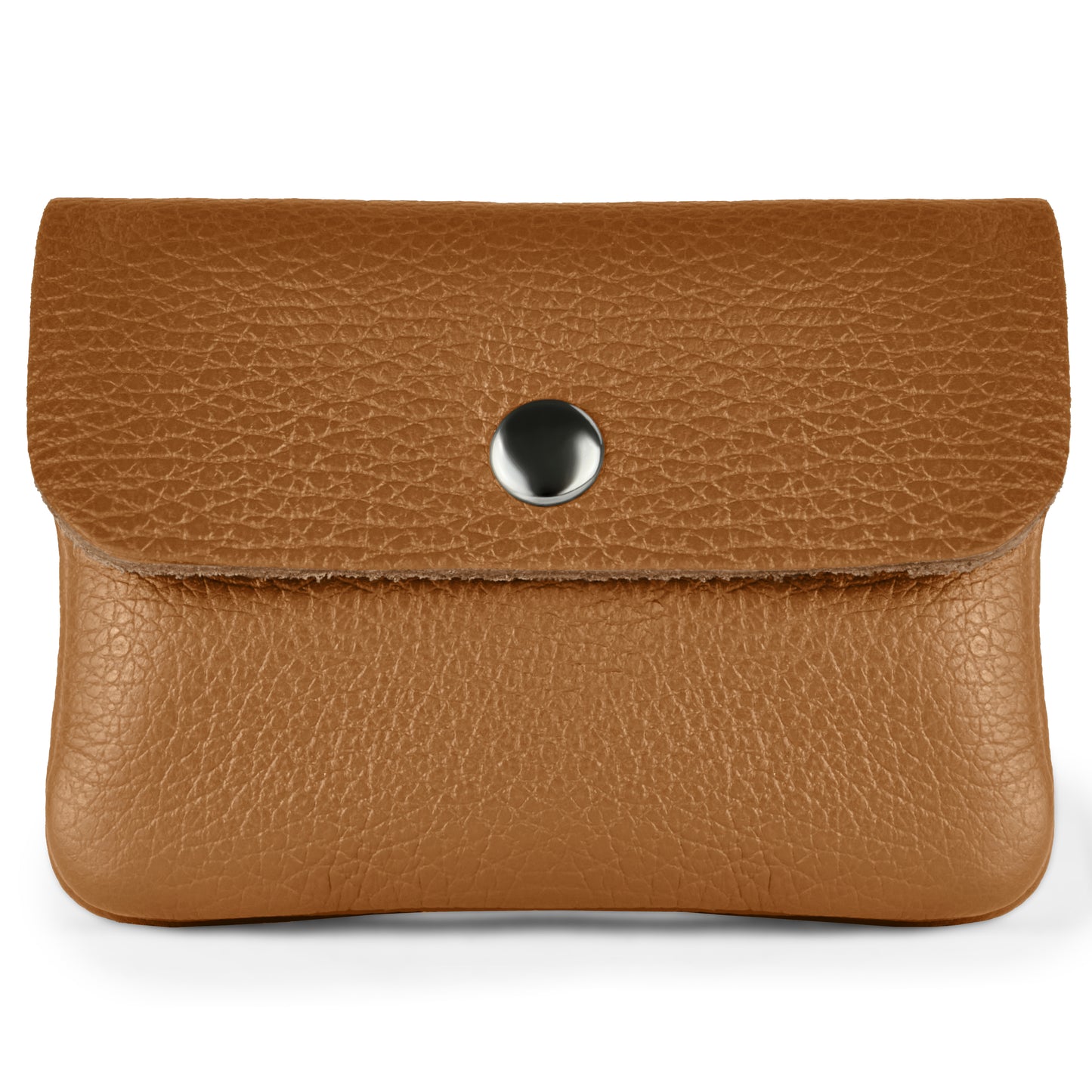 A small brown handmade wallet made of textured leather with a flap and round silver button snap, shown on a white background.