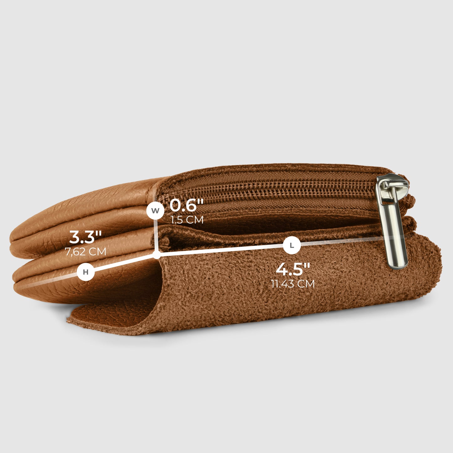 Side view of a folded handmade wallet crafted from brown leather with visible zipper, showing labeled dimensions: 3.3 inches (width), 0.6 inches (height), and 4.5 inches (length), with their centimeter equivalents.