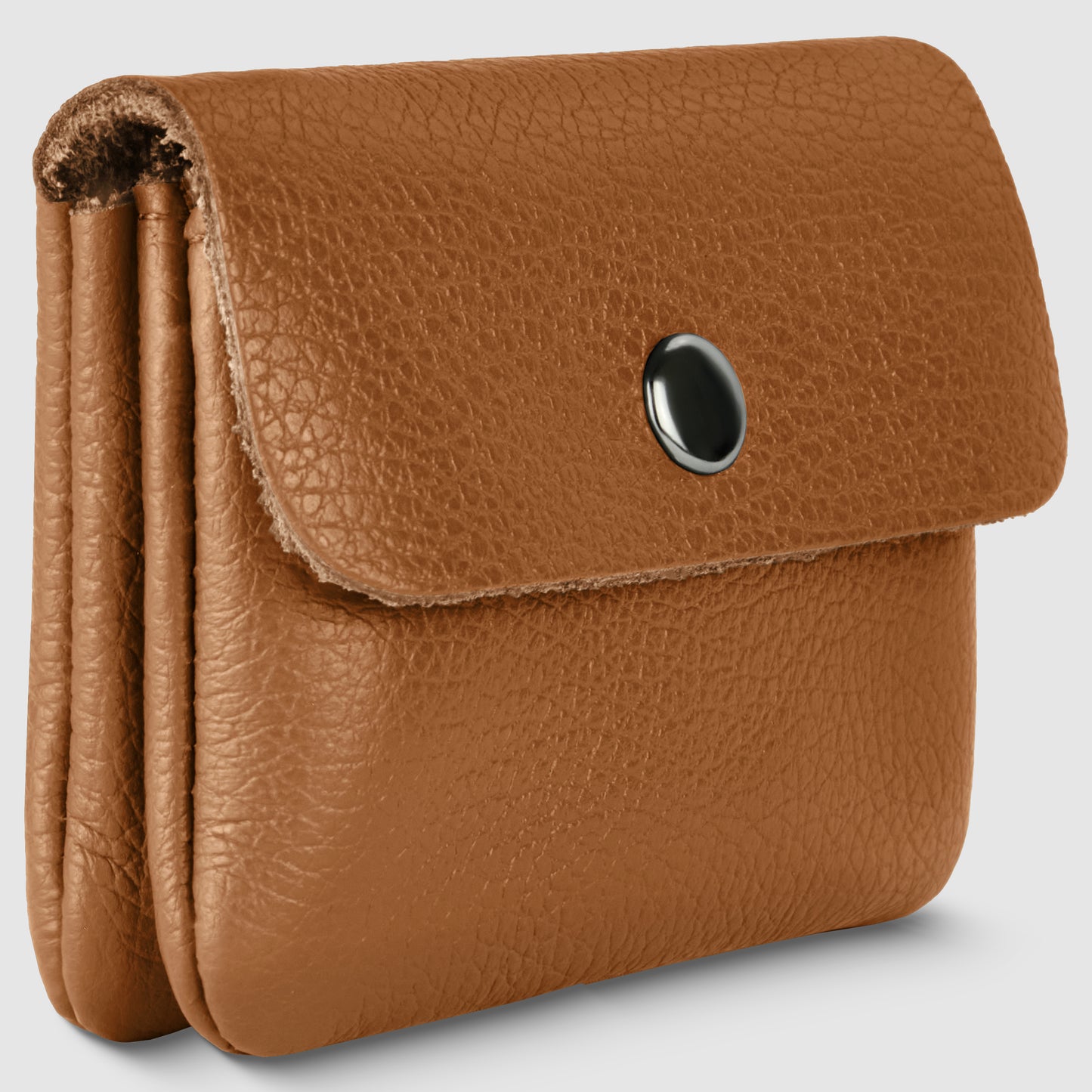 A brown handmade wallet with a textured surface, featuring a flap secured by a round black button, displayed against a plain light background.