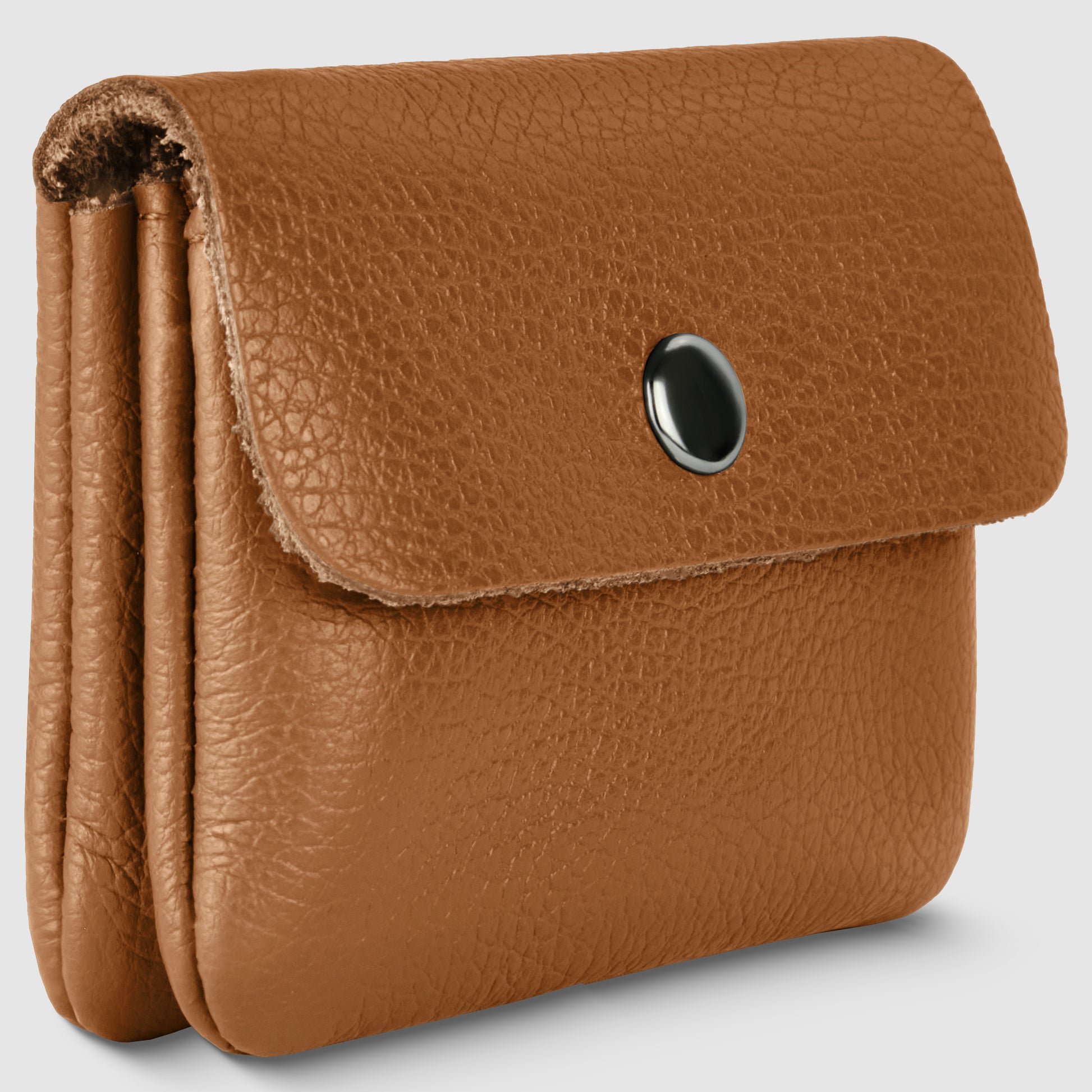 A brown handmade wallet with a textured surface, featuring a flap secured by a round black button, displayed against a plain light background.