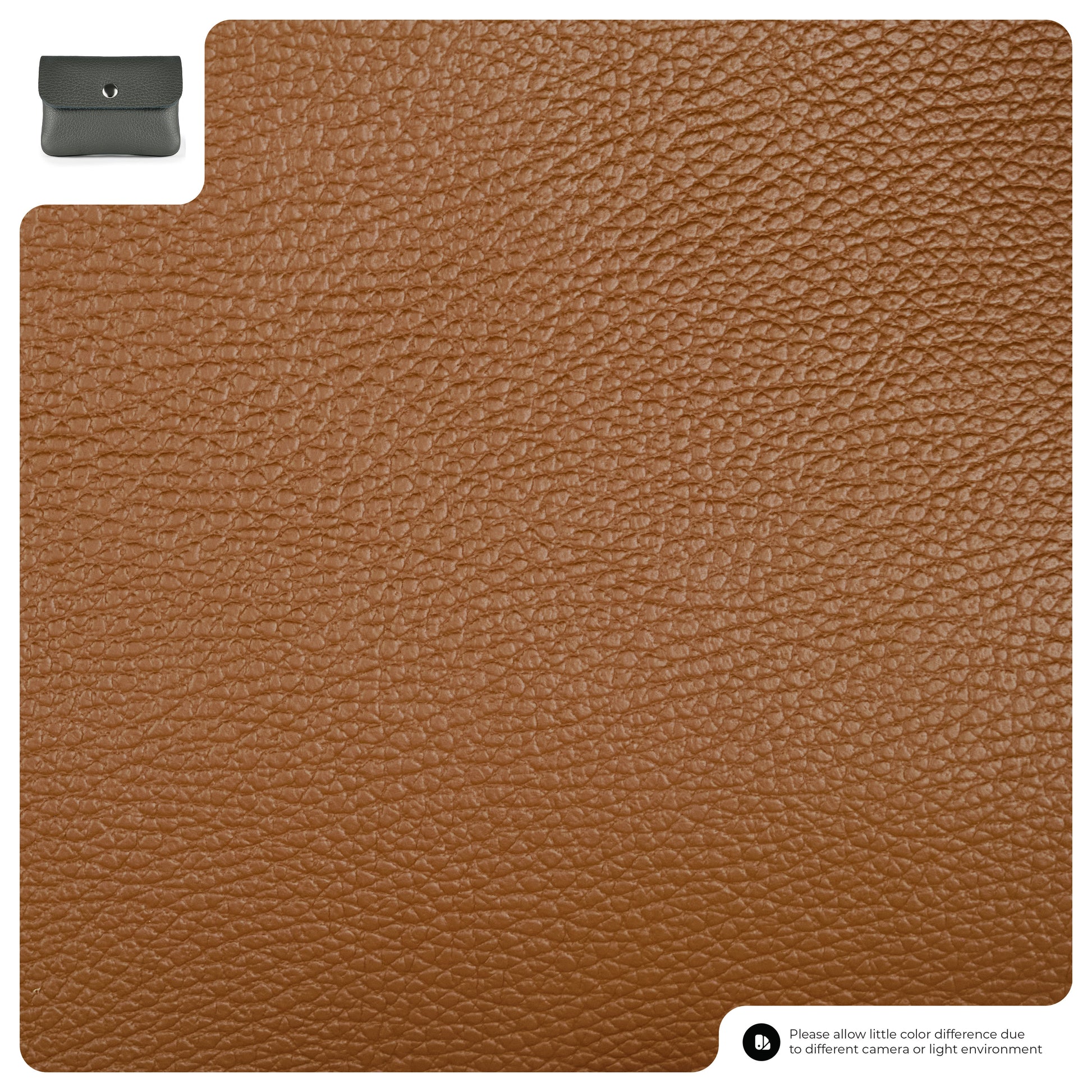 Close-up of brown textured Italian leather wallet material with a small image of a gray minimal wallet pouch in the upper left corner. A note at the bottom mentions possible color differences due to lighting or camera.