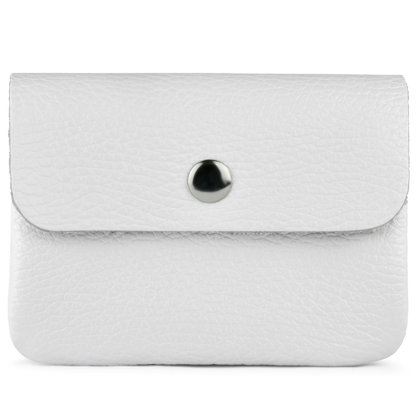 A small, rectangular wallet in white, handcrafted from Italian leather. It features a flap closure with silver button, a textured surface, and a minimalist design for elegance and functionality.