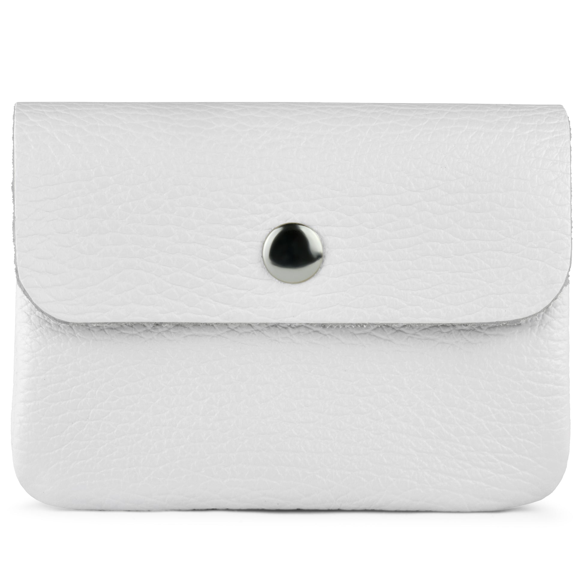 A small, rectangular wallet in white, handcrafted from Italian leather. It features a flap closure with silver button, a textured surface, and a minimalist design for elegance and functionality.
