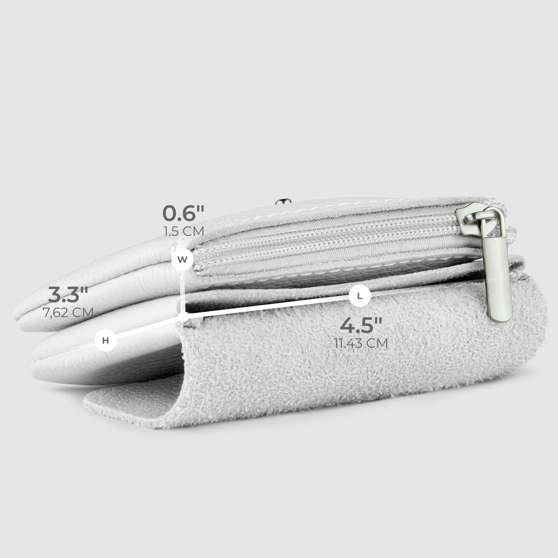 A light gray handmade wallet pouch, inspired by Italian minimalism, is shown lying flat on its side, with labeled dimensions: width 0.6 (1.5 cm), height 3.3 (7.62 cm), and length 4.5 (11.43 cm), on a plain gray background.
