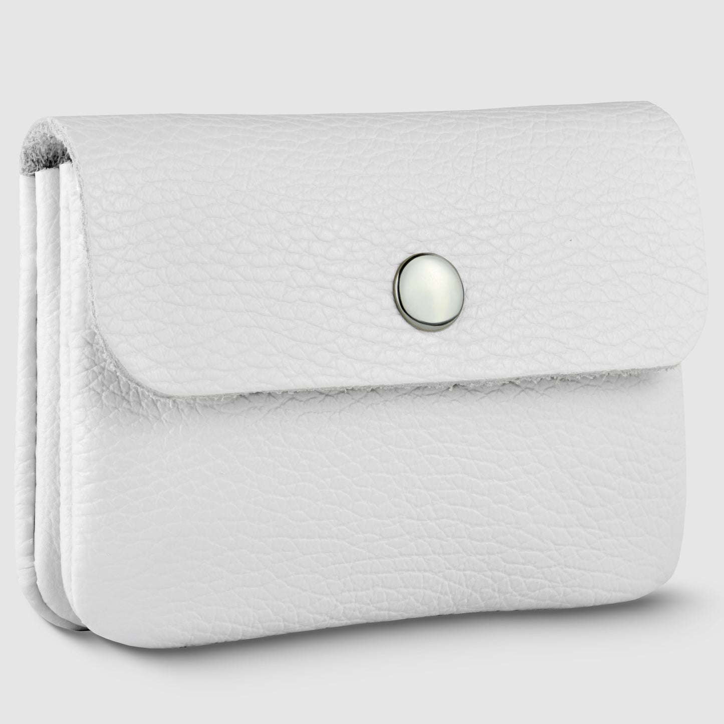 A small handmade wallet crafted from white Italian leather features a flap closure, secured by a round silver snap button, shown against a light gray background.