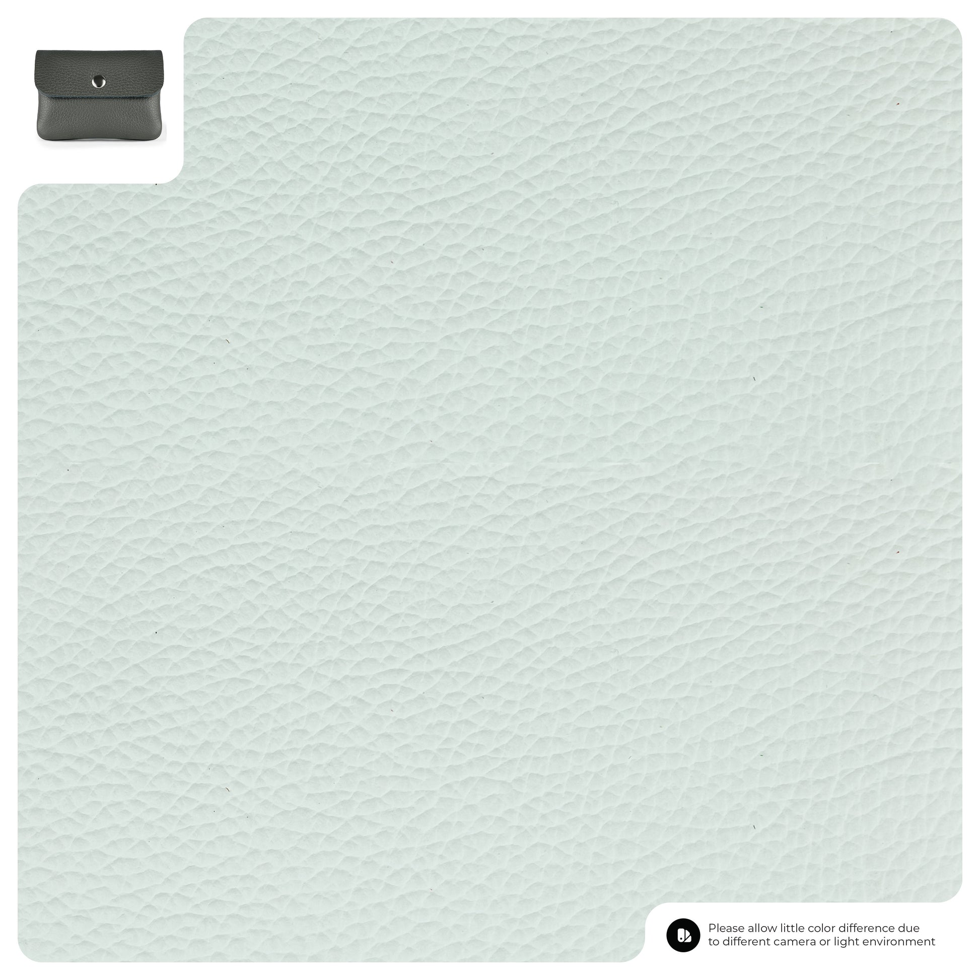 Light gray textured Italian leather wallet swatch with a small coin purse image in the top left corner and a note about possible color differences due to camera or lighting in the bottom right corner.