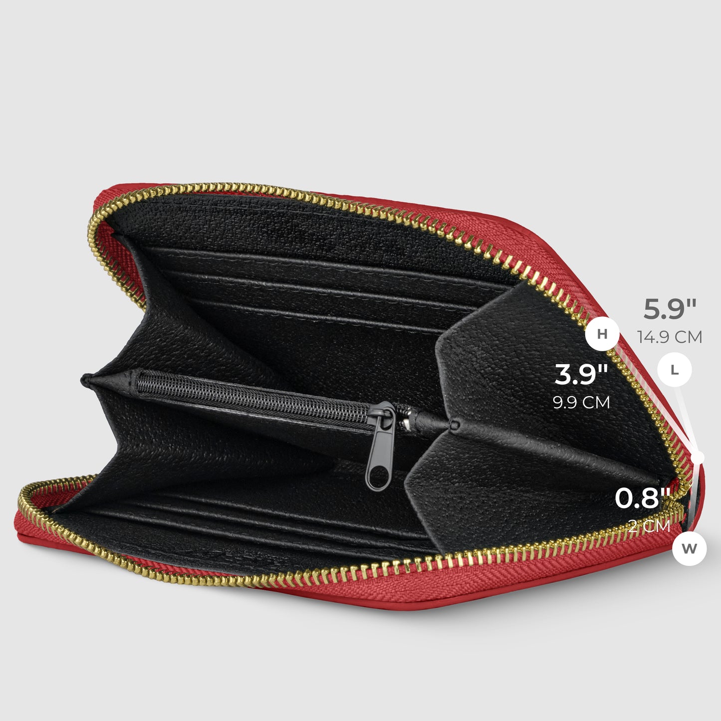 Red slim zippered wallet open to reveal black interior compartments and card slots, crafted from premium Italian leather, with labeled dimensions: 5.9 in (height), 3.9 in (length), and 0.8 in (width).
