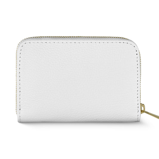 A compact white wallet crafted from textured Italian leather with a gold zipper, displayed closed on a plain white background.