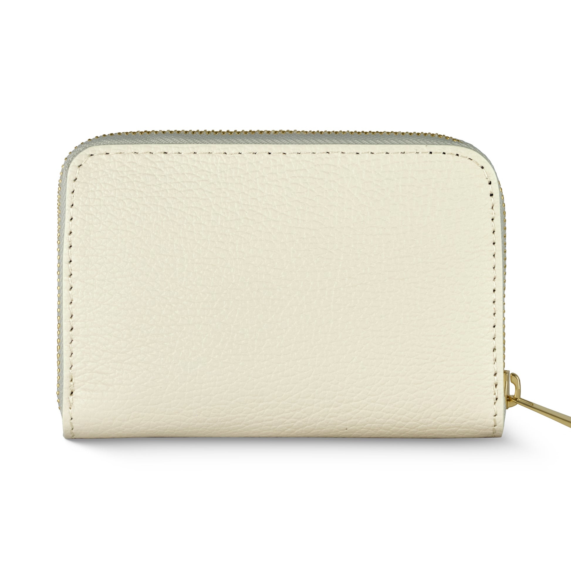 A small, light beige slim wallet crafted from Italian leather with a zipper closure and minimal stitching detail, shown against a white background.