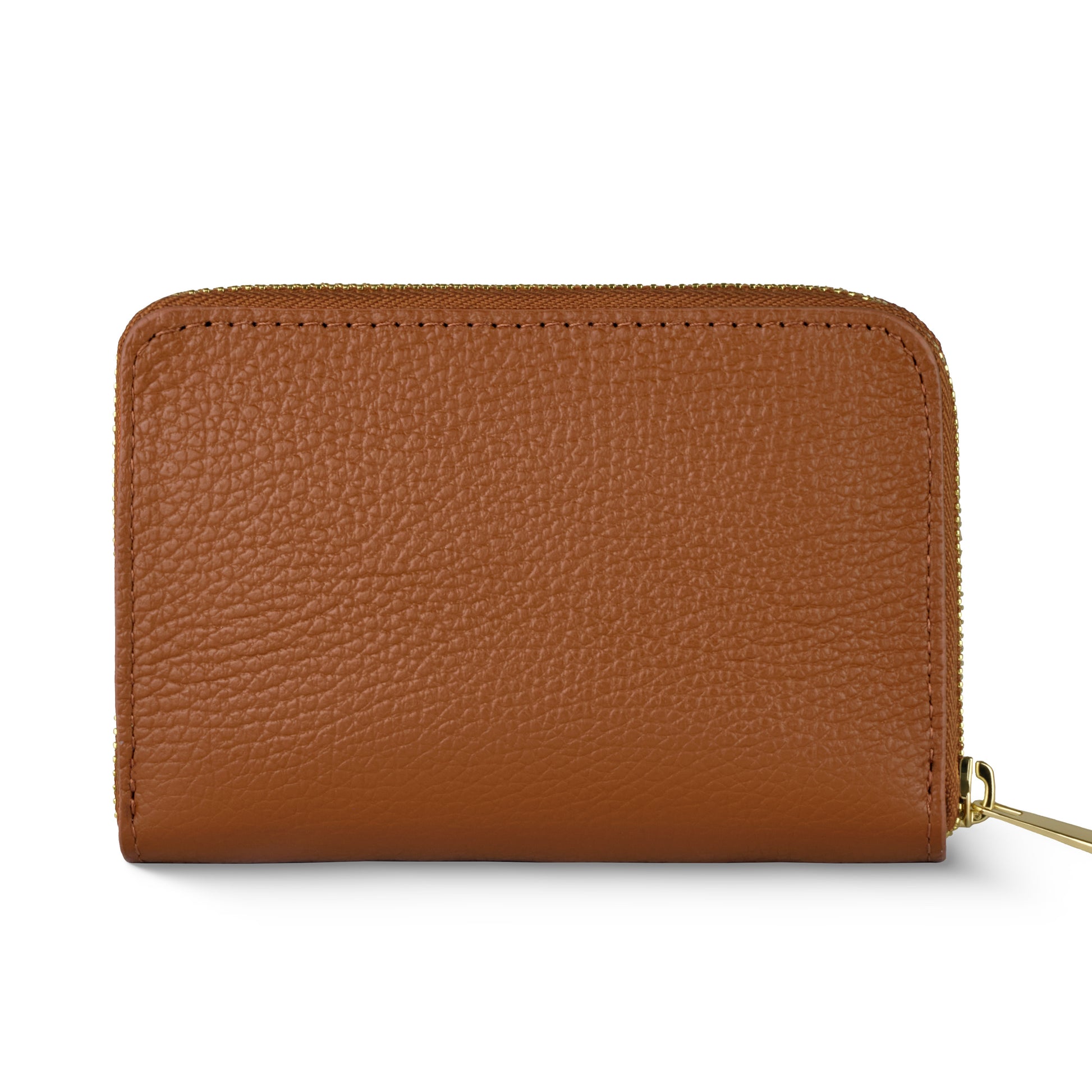 A brown Italian leather wallet with a textured surface and a gold zipper partially visible on the right side. This slim wallet is closed and photographed against a white background.
