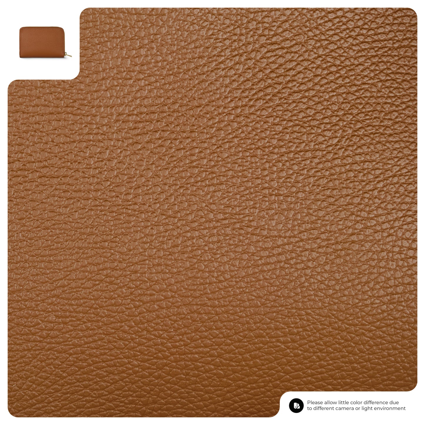 Close-up of textured brown Italian leather material with a small image of a matching slim wallet in the top left corner. A note at the bottom mentions slight color differences due to lighting or camera.