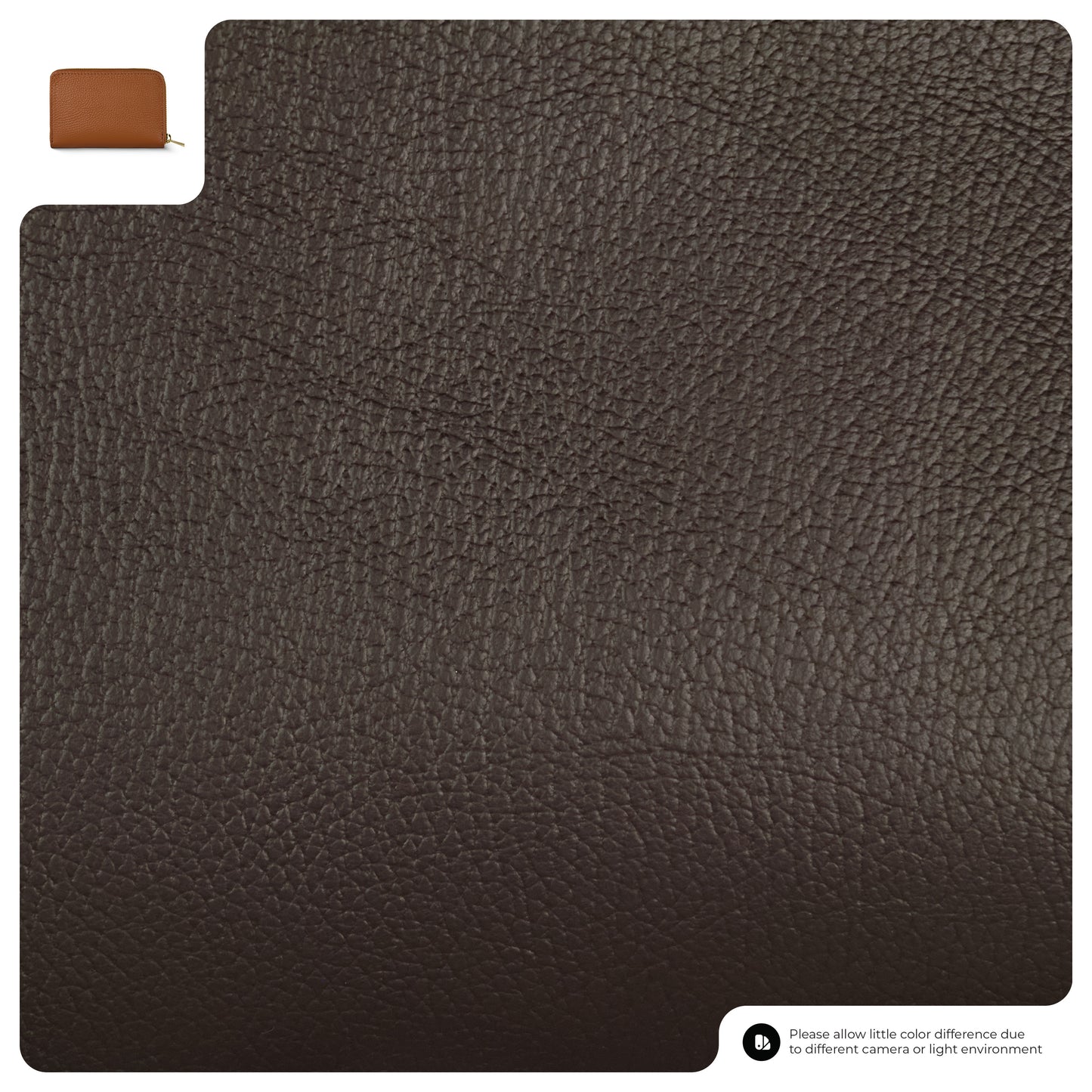 A close-up image of dark brown textured leather material, with a small inset showing a slim wallet in the top left corner. Text at the bottom notes possible color differences due to camera or lighting.