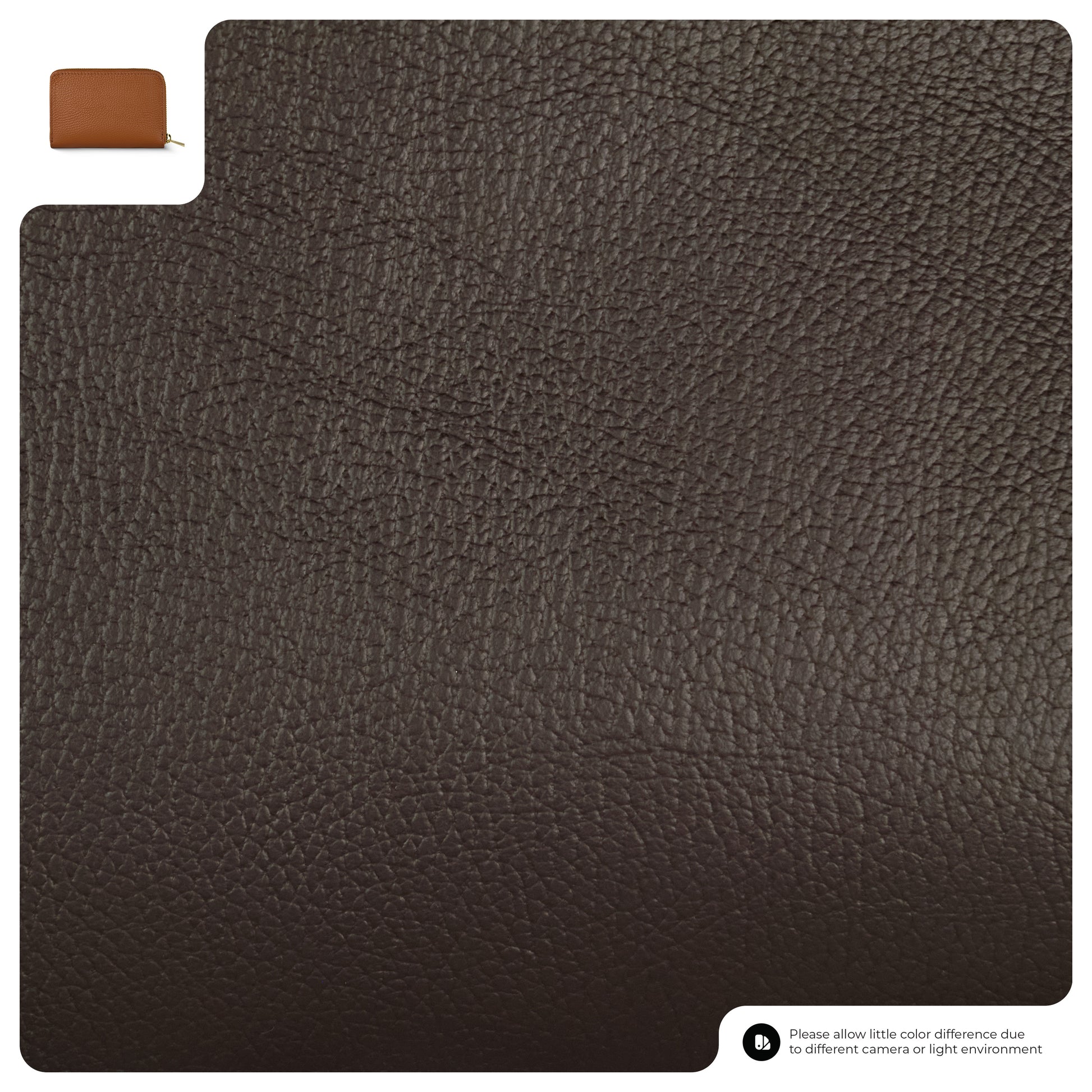 A close-up image of dark brown textured leather material, with a small inset showing a slim wallet in the top left corner. Text at the bottom notes possible color differences due to camera or lighting.