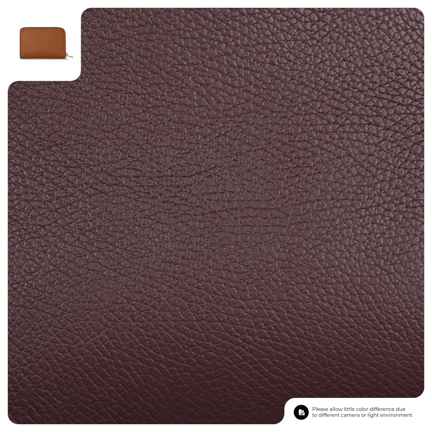 Close-up of textured, dark brown Italian leather wallet material with a small inset sample in the top left corner; note at the bottom mentions possible color differences due to lighting or camera.