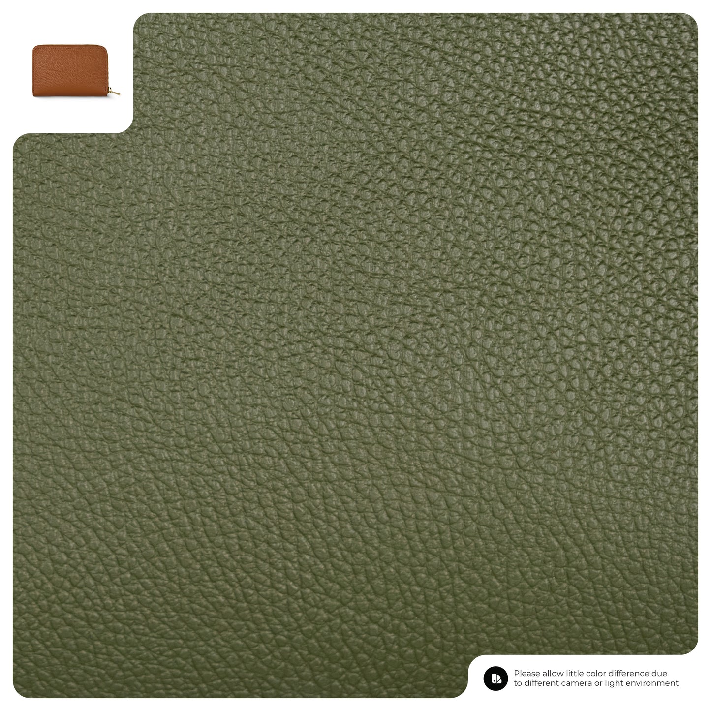 A close-up view of textured olive green calf leather, with a small inset image of a slim wallet in the top left corner and a color difference disclaimer at the bottom right.
