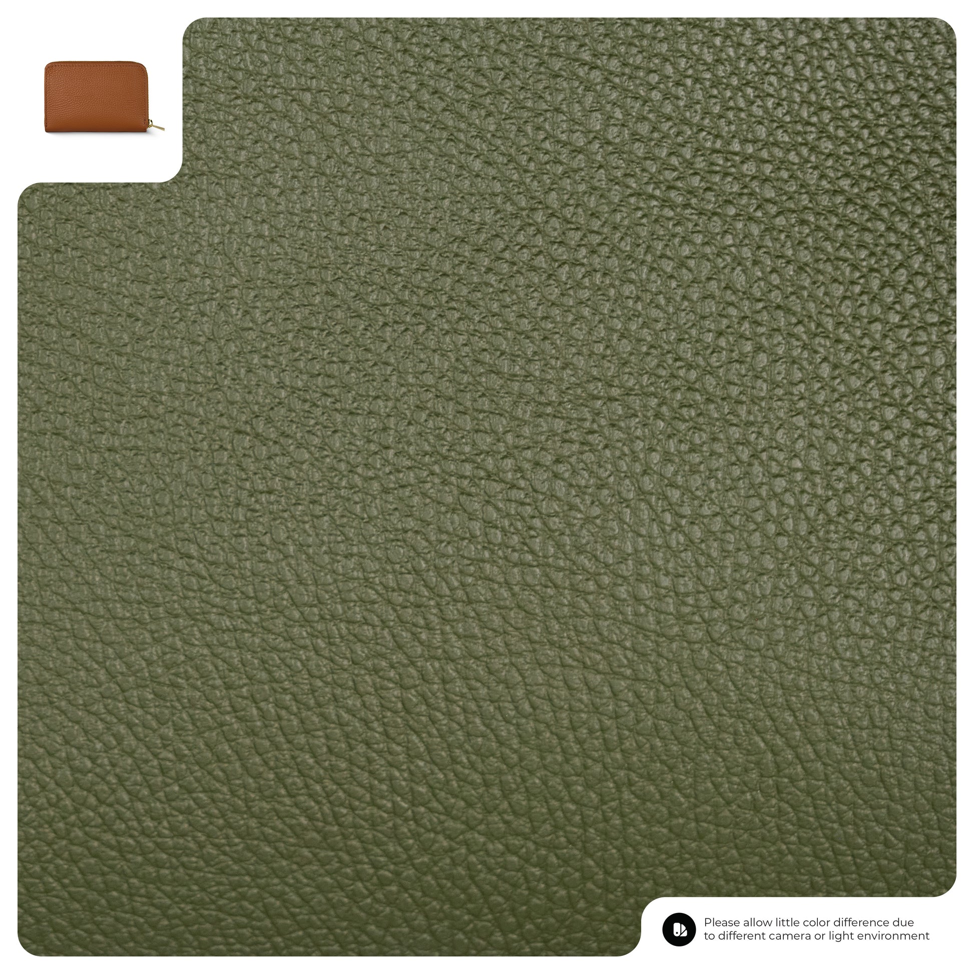 A close-up view of textured olive green calf leather, with a small inset image of a slim wallet in the top left corner and a color difference disclaimer at the bottom right.