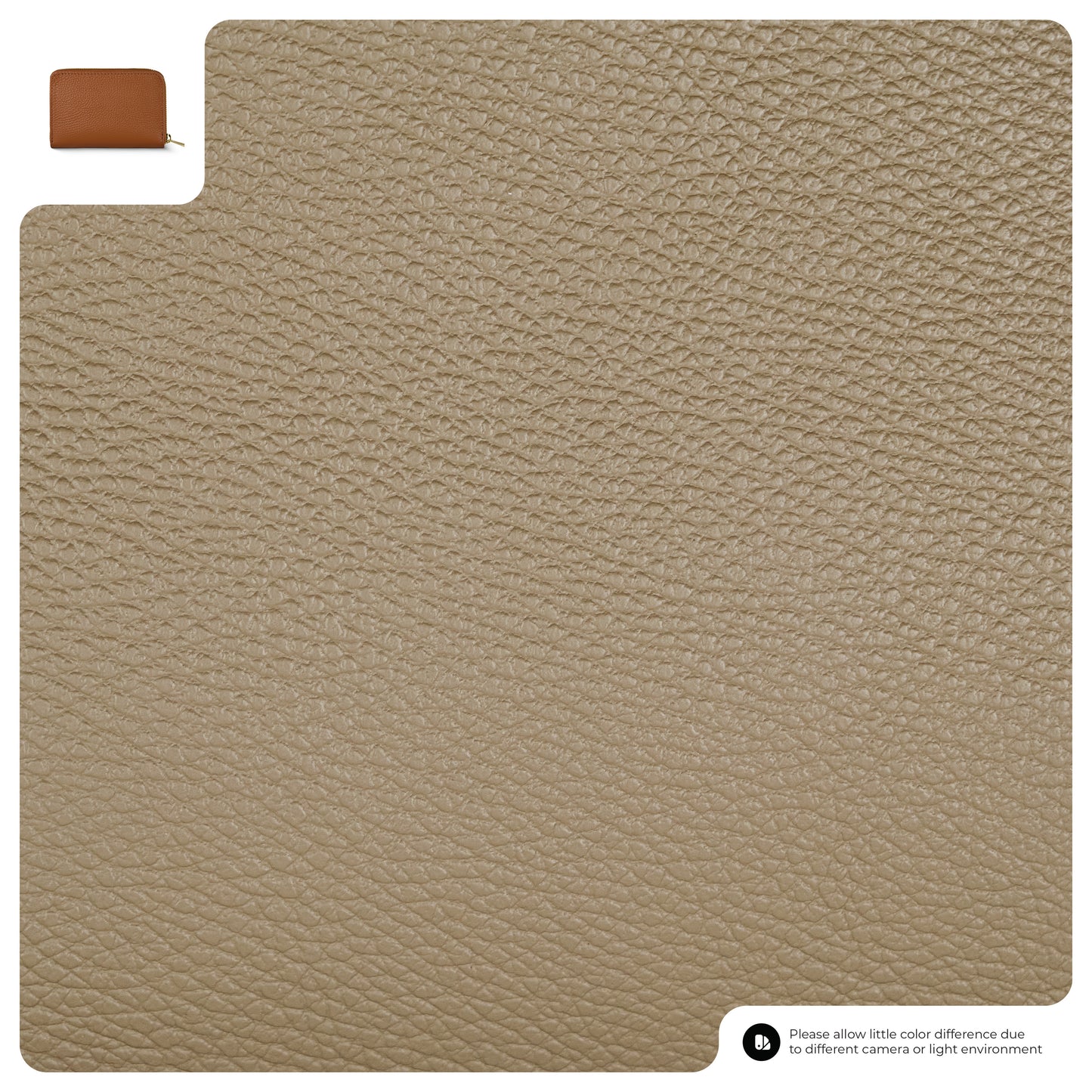 A close-up of textured beige leather with a slim wallet shown in the top left corner for color comparison. A disclaimer at the bottom states that color may vary due to lighting or camera differences.
