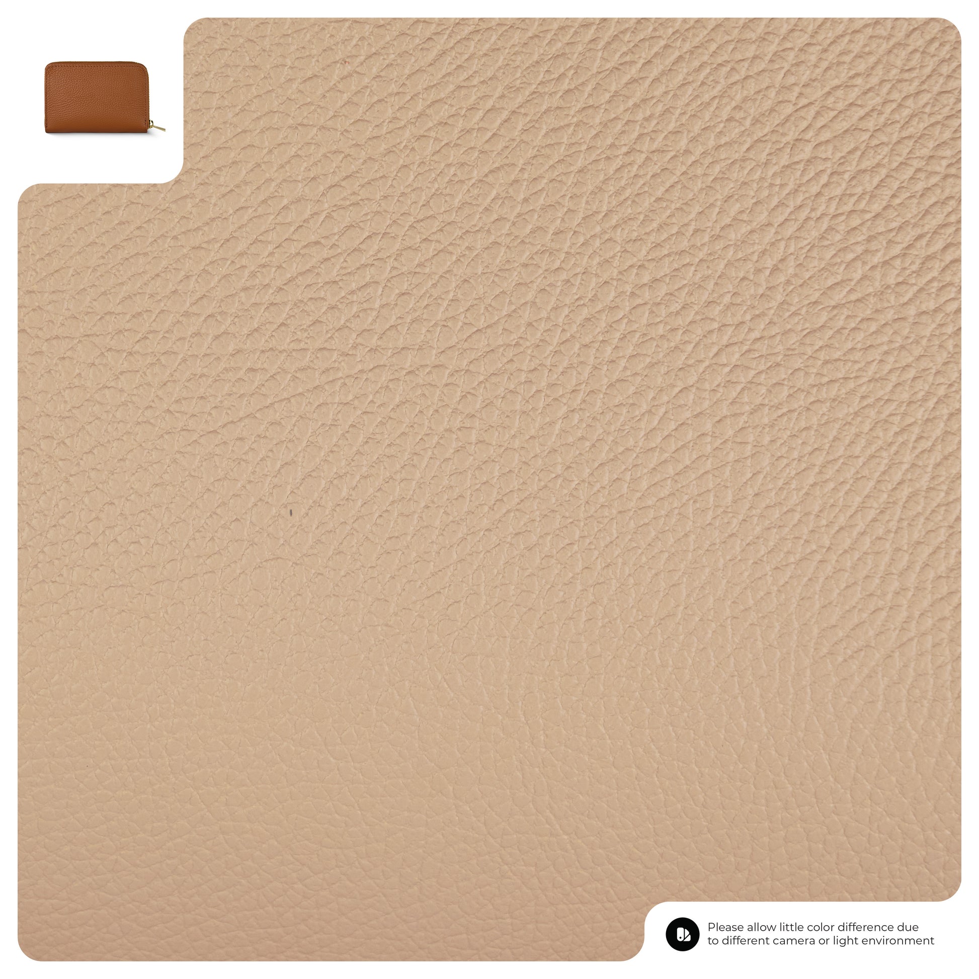 A close-up of beige textured leather, with a slim wallet in brown calf leather shown in the upper left corner for color comparison. A note in the bottom right mentions possible color differences due to lighting or camera.