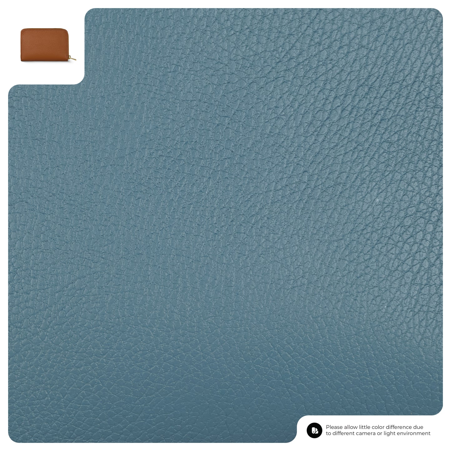 A large swatch of textured blue leather fills most of the image, with a small inset showing a brown Italian leather wallet in the upper left corner. A note at the bottom mentions possible color differences due to lighting or camera.