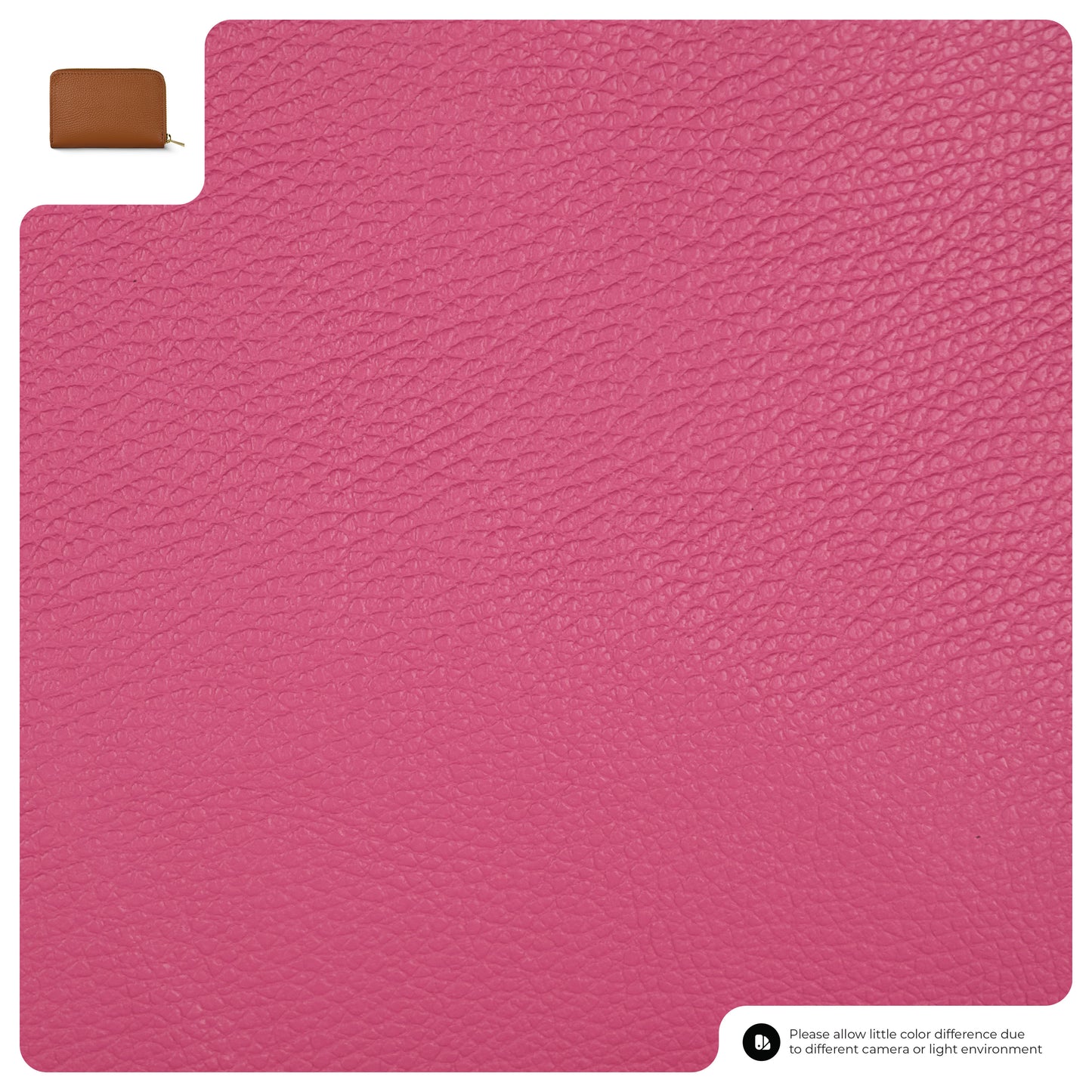 Close-up of textured pink leather with a small inset image of a slim wallet in brown calf leather in the top left corner. Text at the bottom notes possible color differences due to lighting or camera settings.