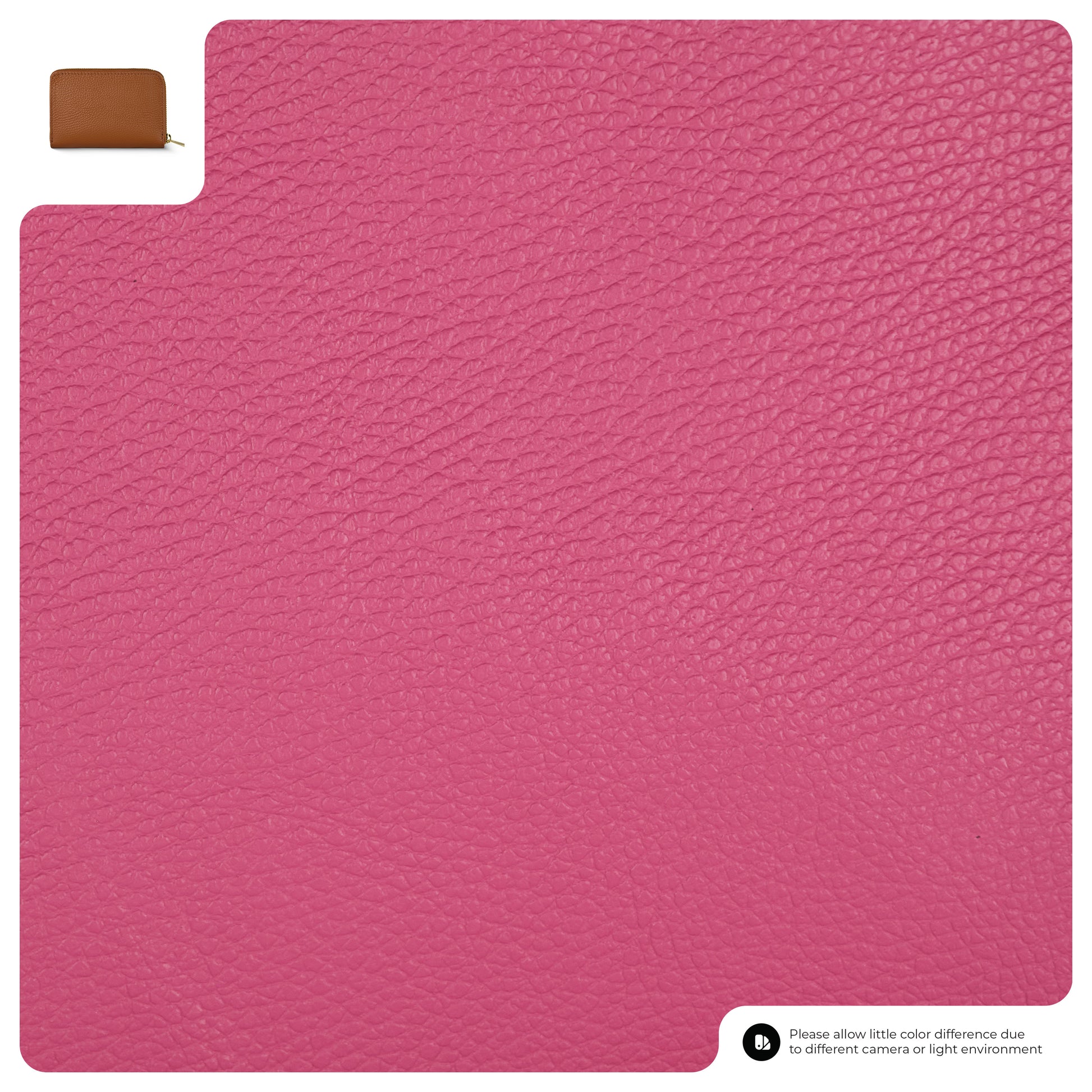 Close-up of textured pink leather with a small inset image of a slim wallet in brown calf leather in the top left corner. Text at the bottom notes possible color differences due to lighting or camera settings.