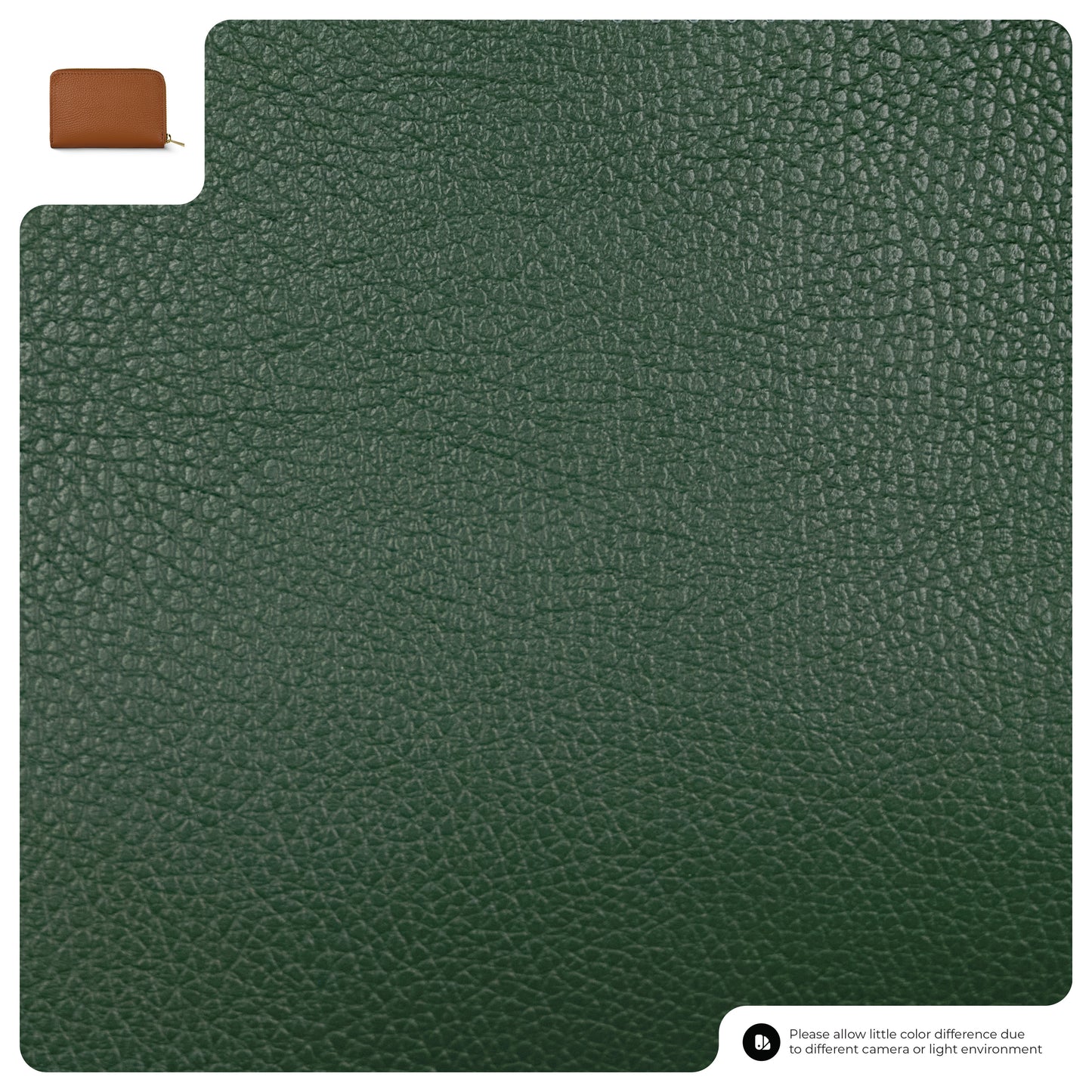 A close-up of dark green textured Italian leather wallet with a small inset showing a brown version in the top left corner. At the bottom right, a note explains possible color differences due to lighting or camera settings.